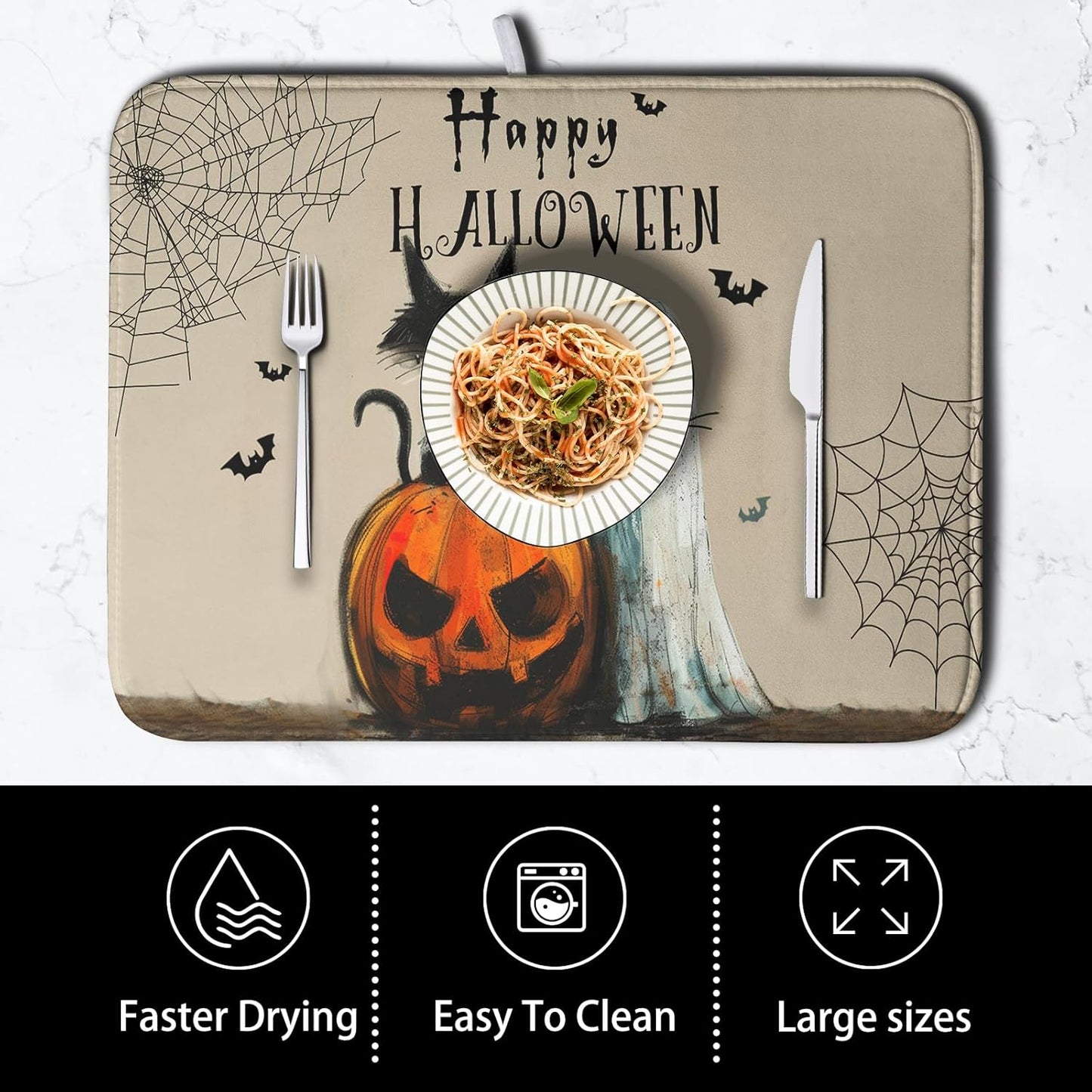 Happy Halloween Dish Drying Mat for Dishs 16x18 Inch Halloween Pumpkin Ghost Black Cat Kitchen Drying Mat Spooky Spiderweb Holiday Dish Drainer Mat Super Absorbent Dish Rack Pad for Coffee Bar Sinks