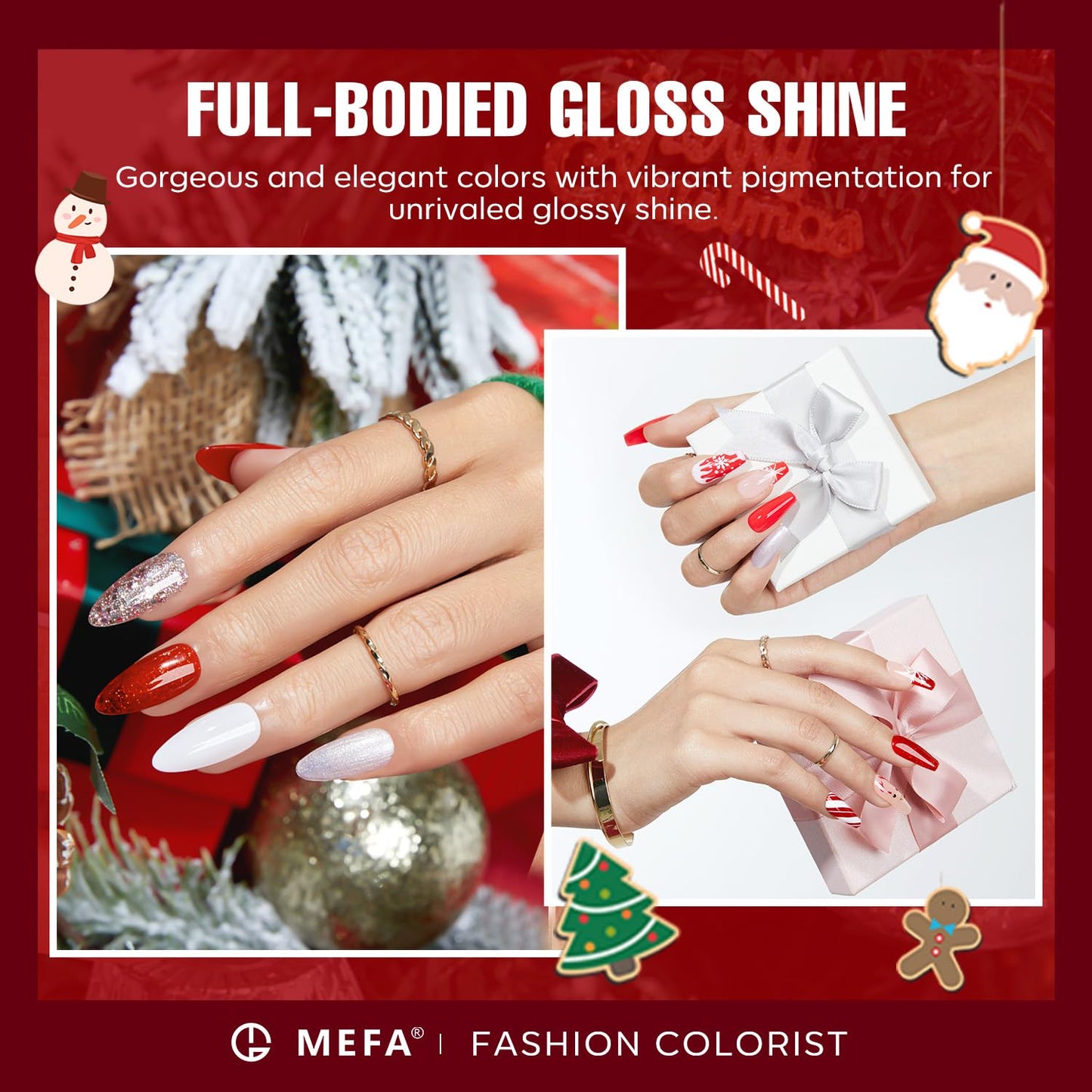 MEFA 6 Colors Red Gel Nail Polish Set, Fall Winter Christmas Glitter Shades Sparkle Silver Champagne Love Times Tones Salon Decorations Nail Art Design at Home Manicure DIY Kit Gifts for Women Girl