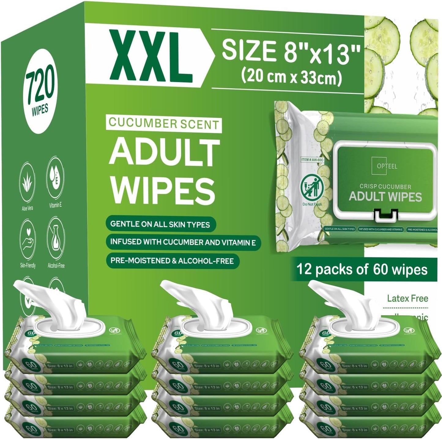 Adult Wipes Extra Large Scented - Skin-Friendly Incontinence Wet Wipes for Adults & Elderly No-Rinse Disposable Washcloths - 8x13" 12 Packs of 60 (720 Wipes)