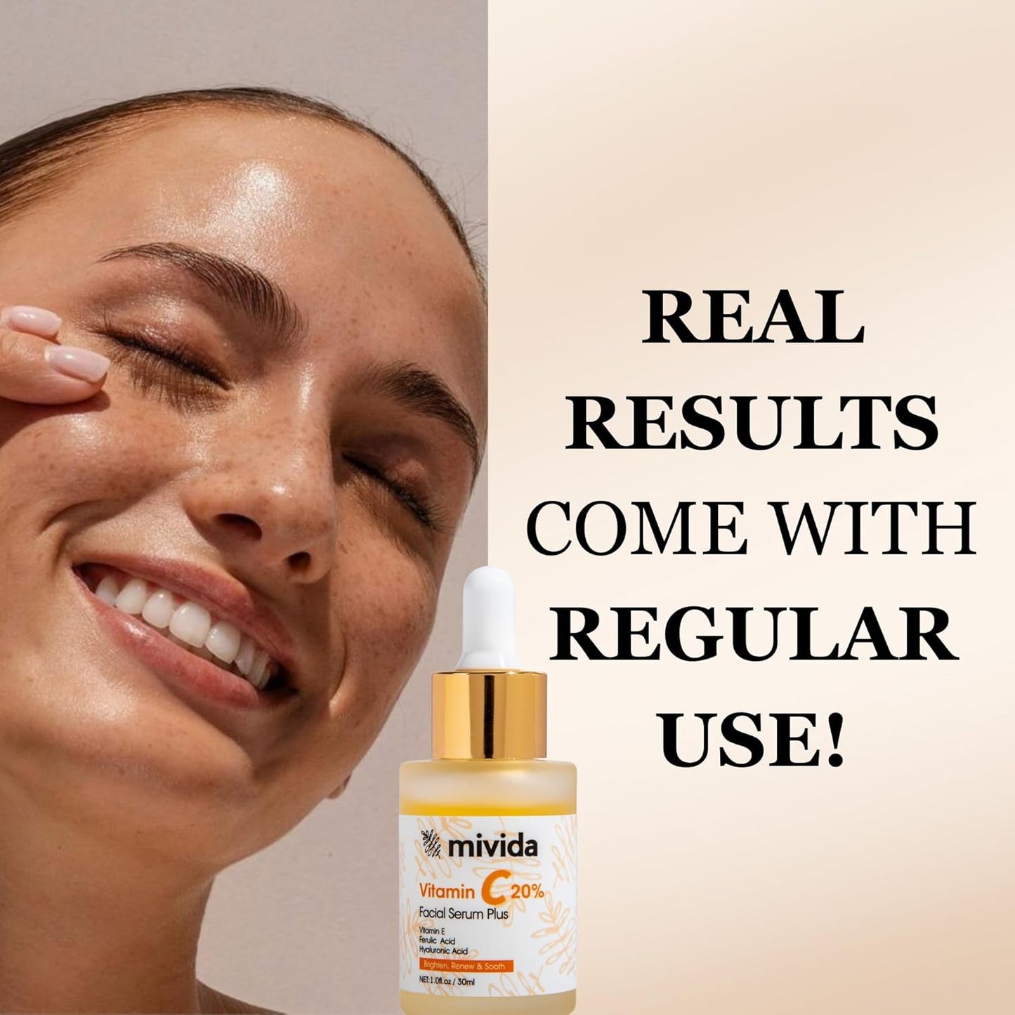 mivida 20% Vitamin C Serum for Face, Anti-Aging & Brightening Serum | W/Hyaluronic & Ferulic Acid, Vit E | Reduces Wrinkles, Fine Lines, Dark Spots & Hyperpigmentation, Maximum Strength Formula, 1floz