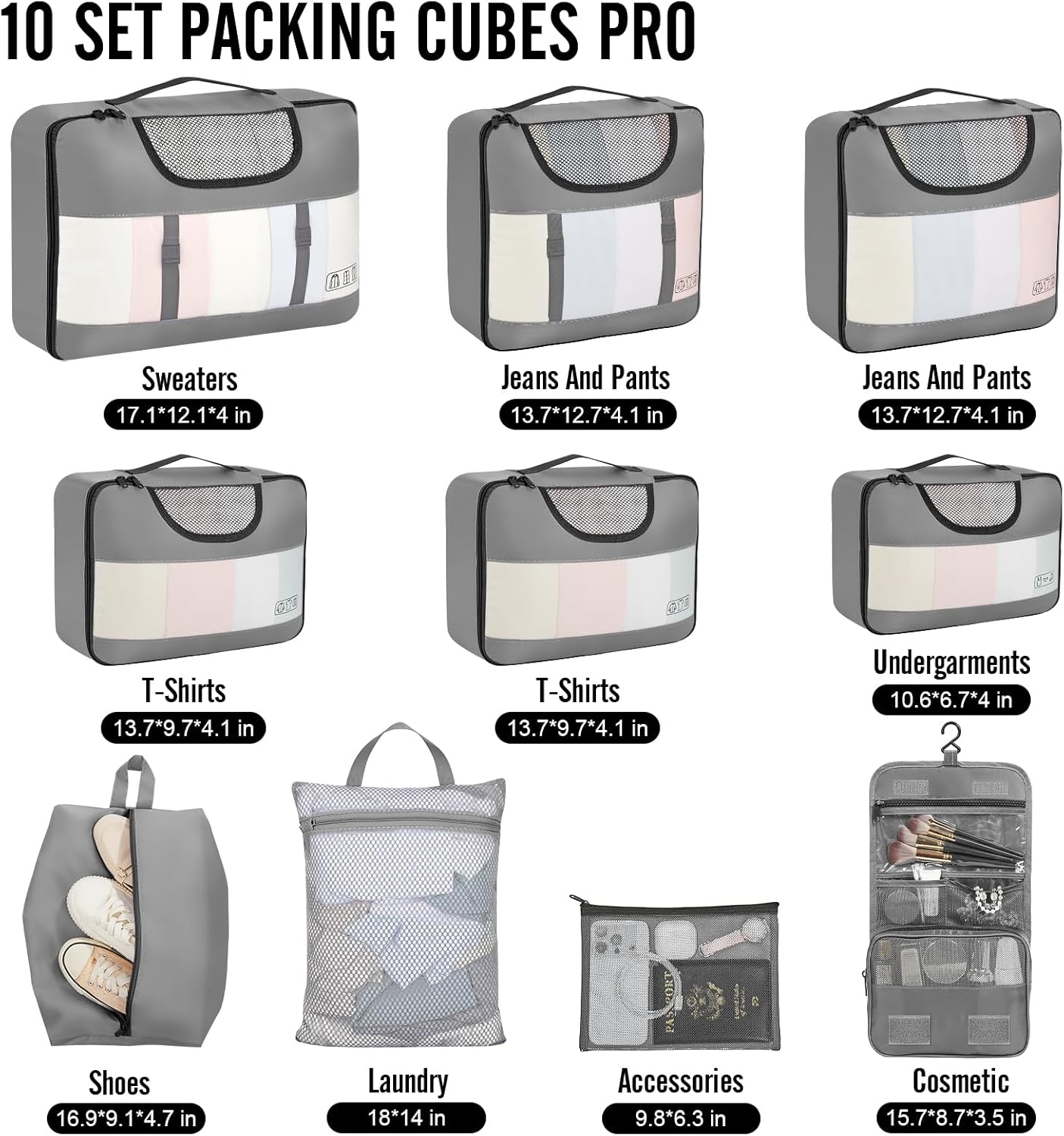 Veken 10 Set Packing Cubes for Travel Essential, Suitcase Organizer Bags in 4 Sizes, Carry-On Luggage Accessories with Large Laundry & Hanging Toiletry Bag, Must-Have for Airplane, Road Trip & Camping