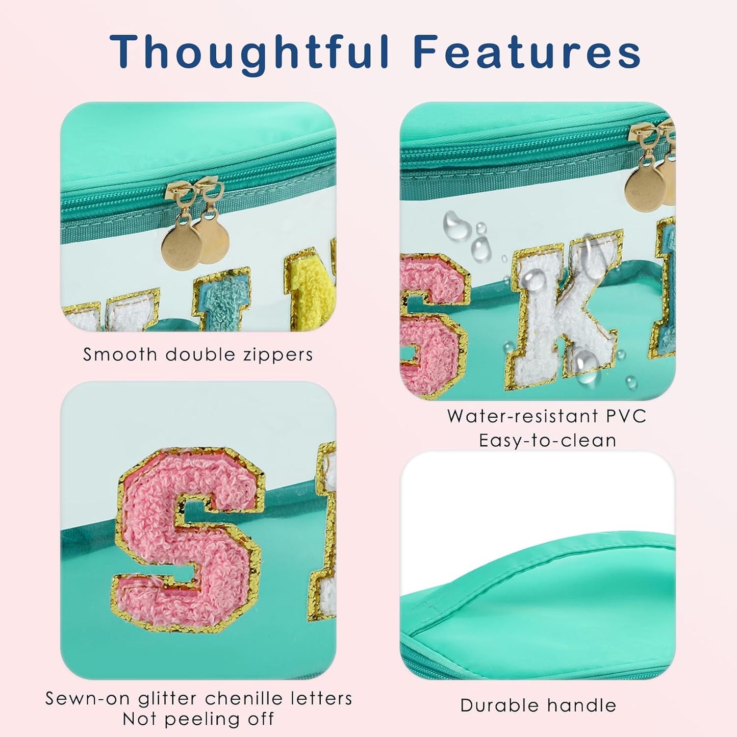 Personalized Chenille Letter Clear Skin Makeup Bag, Large Size Waterproof Nylon Cosmetic Toiletry Storage bag with Top Handle, Transparent Meds Skin Travel Organizer Cosmetic Bag(08Skin-Green)