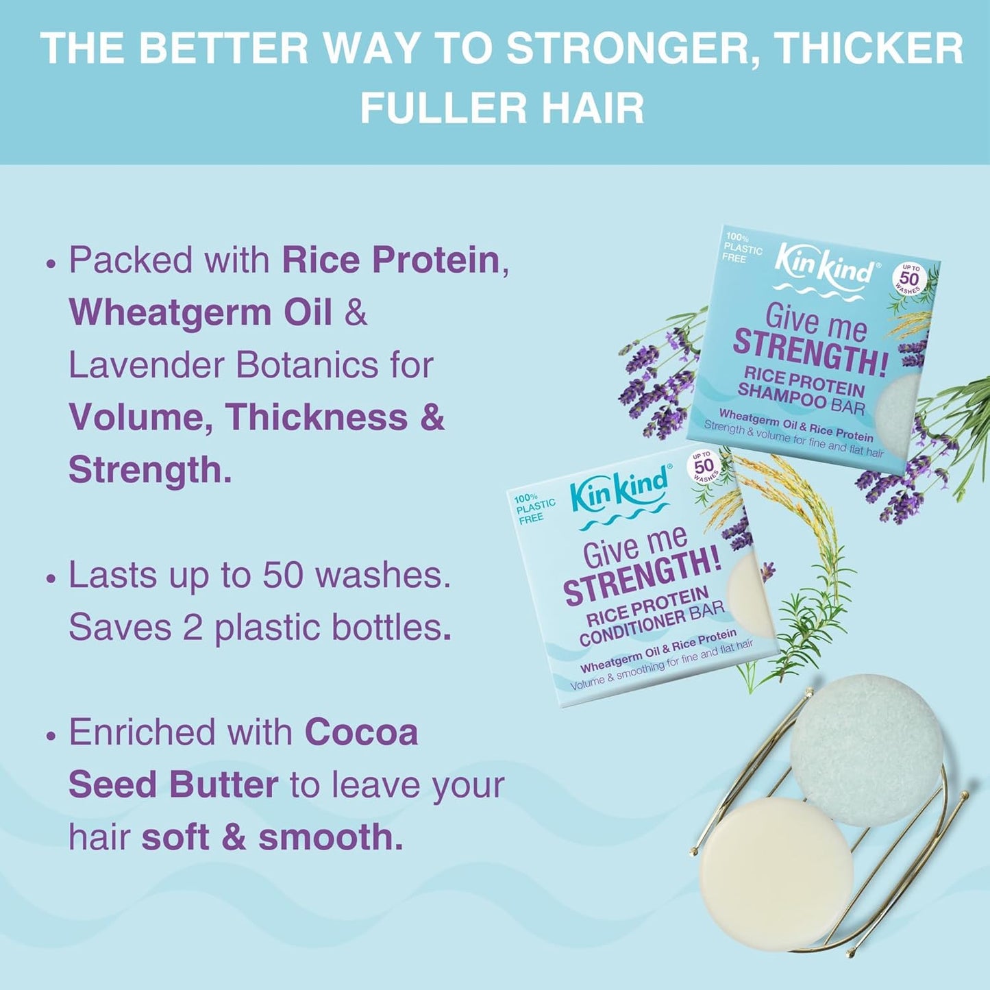 KinKind Rice Water Hair Conditioner Bar - Give Me STRENGTH! Hair Thickening, Volumising, Strengthening Conditioner Bar for hair with Rice Protein for Thinning hair | UK Made | 50 Washes