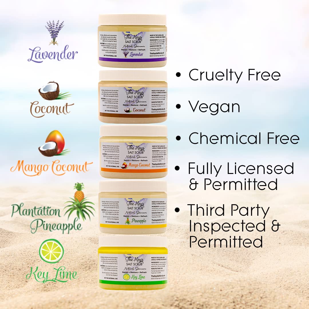 The Keys Salt Scrub -Sea Salt Scrub - Exfoliating Body Scrub with Wooden Spoon - Moisturizing Exfoliator for Hands, Foot, Bath, (12 Ounce (Pack of 3), Mango Coconut)
