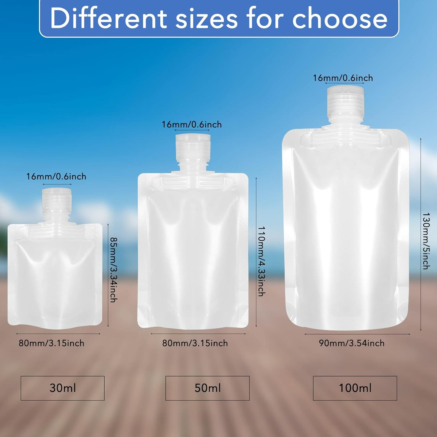 18 Pieces 3 Sizes 30ml/50ml/100ml Travel Size Refillable Empty Squeeze Pouch, Stand Up Pouch for Toiletry, Lotion Shampoo Shower Gel Squeezable Bags, Leakproof Cosmetic Containers