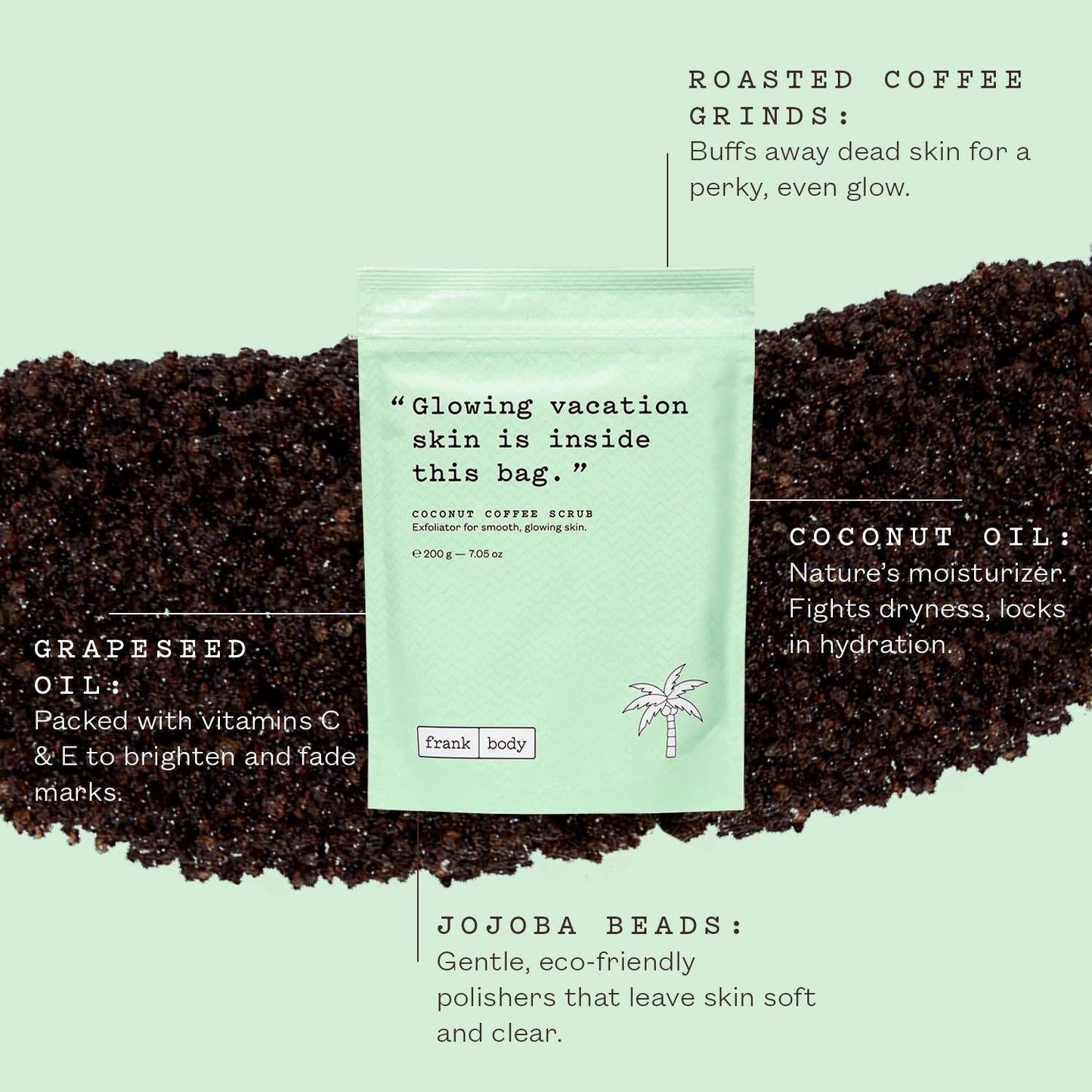 Frank Body Coconut Coffee Scrub | Natural, Vegan, Cruelty Free Exfoliating Body Scrub Firms, Tones, and Brightens with Coffee Grinds, Grapeseed Oil, Coconut Oil, and Jojoba Beads | 7.05 oz / 200 g