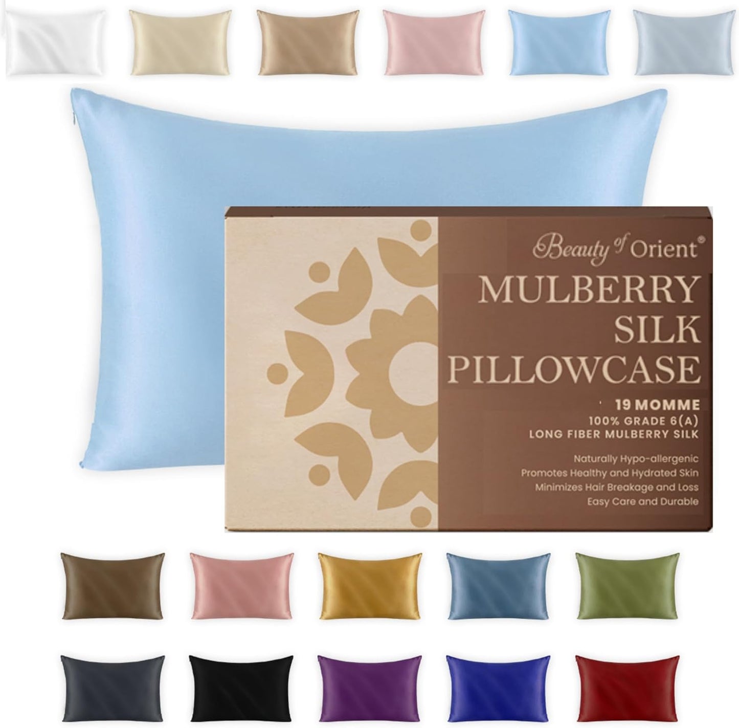 19 Momme Premium Mulberry Silk Pillowcase for Hair and Skin | Handcrafted Hypoallergenic & Anti-Acne 100% Silk Pillow Cases with Zipper | Standard - 20" x 26", Frosty Blue