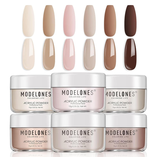 Modelones Nude Acrylic Powder 6 Colors Acrylic Nail Powder Kit Chocolate Brown Latte Soft Tones Cover Powder for Nail Art Extension No Nail Lamp Needed (C2-Going Nude)