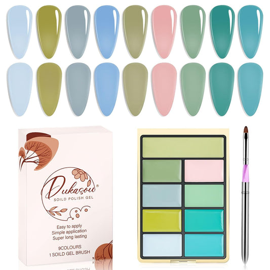Solid Gel Nail Polish Set, 9 Colors Green Blue Solid Cream Gel Polish Palette with Brush, Solid Ombre Nail Polish for Women DIY Manicure Art
