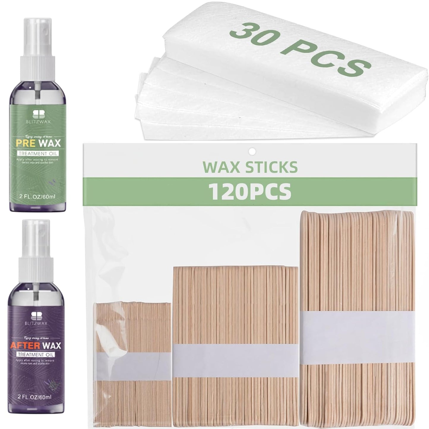 BLITZWAX 120pcs Wooden Waxing Sticks Kit for Hard Wax Hair Removal, Eyebrow Large and Small Applicators for Face, Body, and Lip, with 30 Wax Papers and Oils, Ideal for Women’s At-Home Waxing