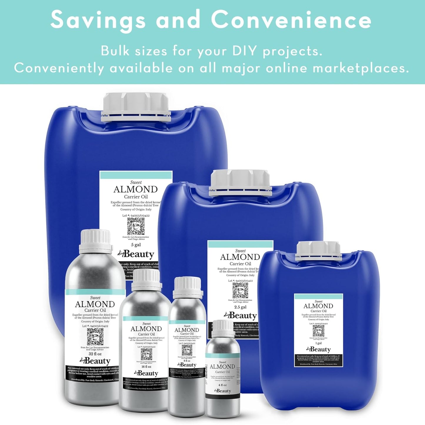 Bulk Sweet Almond Oil - Large 1 Gallon Jerrican, Cold Pressed 100% Pure - Moisturizer for Skin, Hair, Body, Carrier Oil for Massage Oils - by DIYBeauty