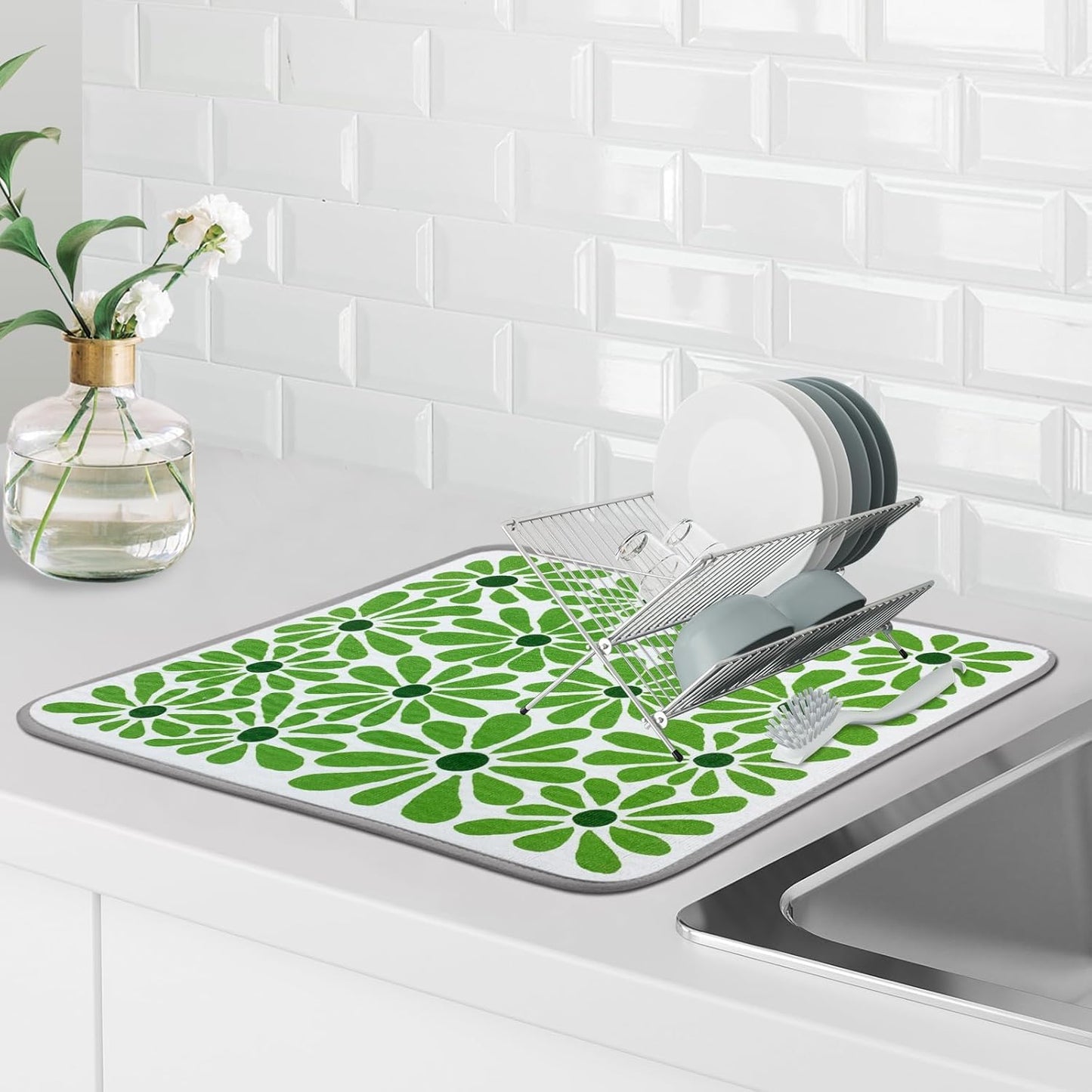 SHIYUE Dish Drying Mat for Kitchen Counter Super Absorbent Spring Kitchen Decor Microfiber Drying Matainers Rack Fast Pad Dish Drainer Mats(Cute Green Flower,18''x24'')