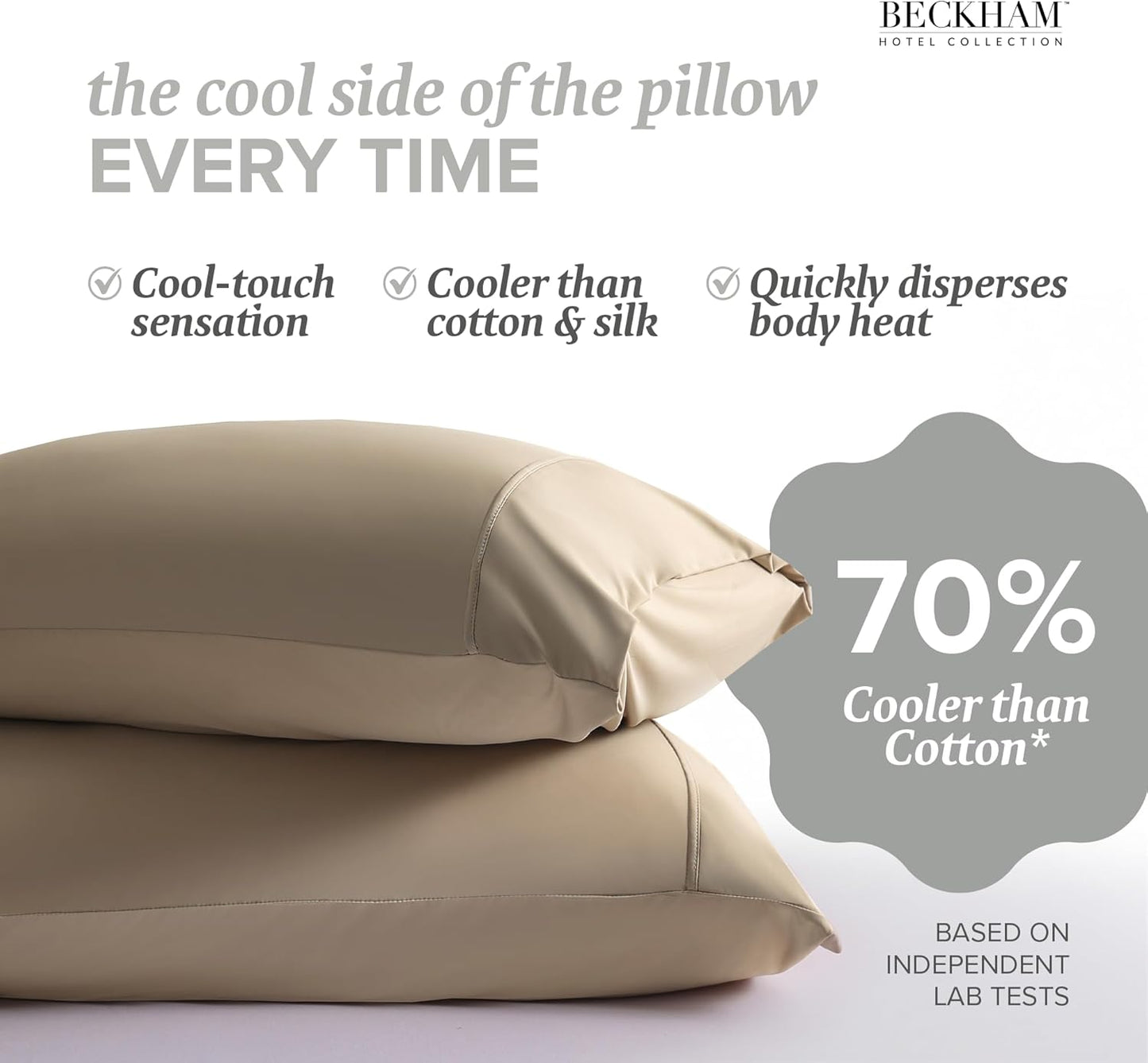 Beckham Hotel Collection Cooling Pillowcases for Hot Sleepers, Standard/Queen Size Set of 2, Cool Bedding, Envelop Closure, Silky Soft, Breathable, Moisture-Wicking, Sand