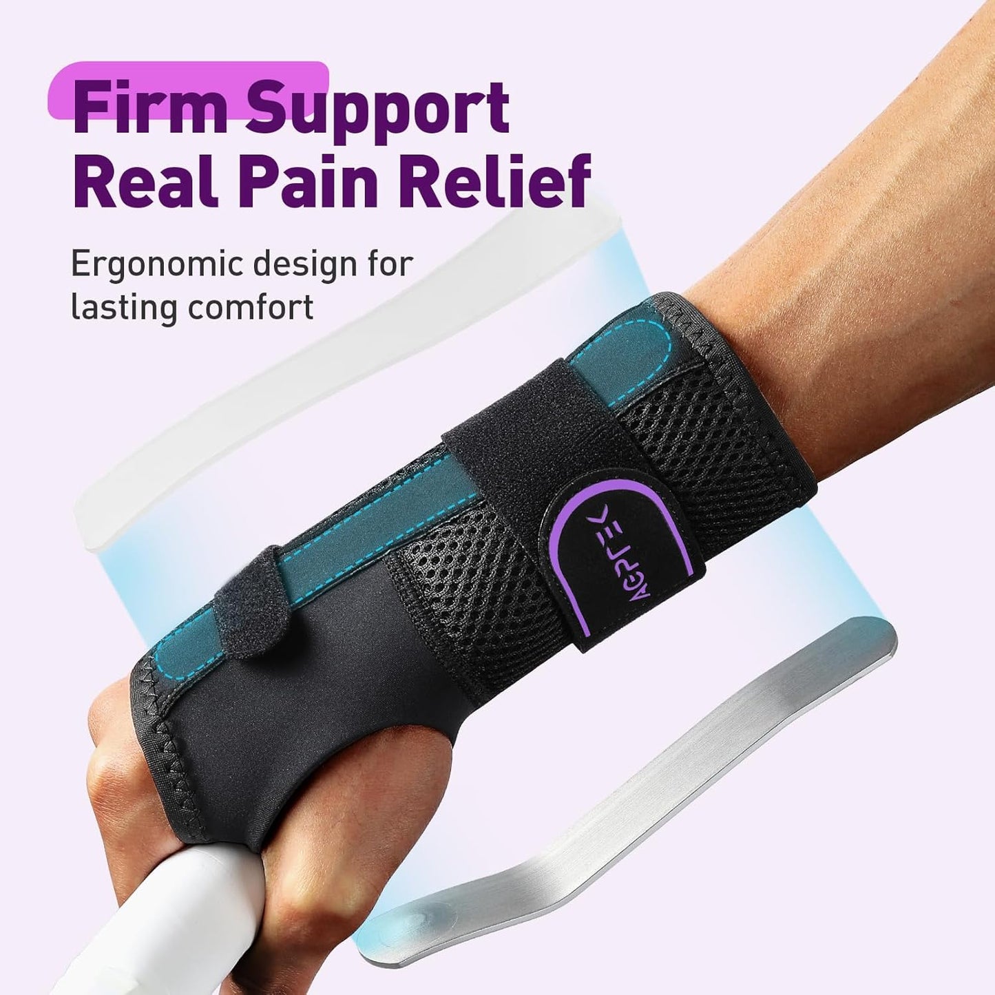 AGPTEK Carpal Tunnel Wrist Brace for Men Women, Night Sleeping Wrist Support with 2 Splints, Pain Relief Hand Brace for Arthritis Sprains Tendonitis, Adjustable Wrist Splint for Left Hand (S/M,Black & Purple)