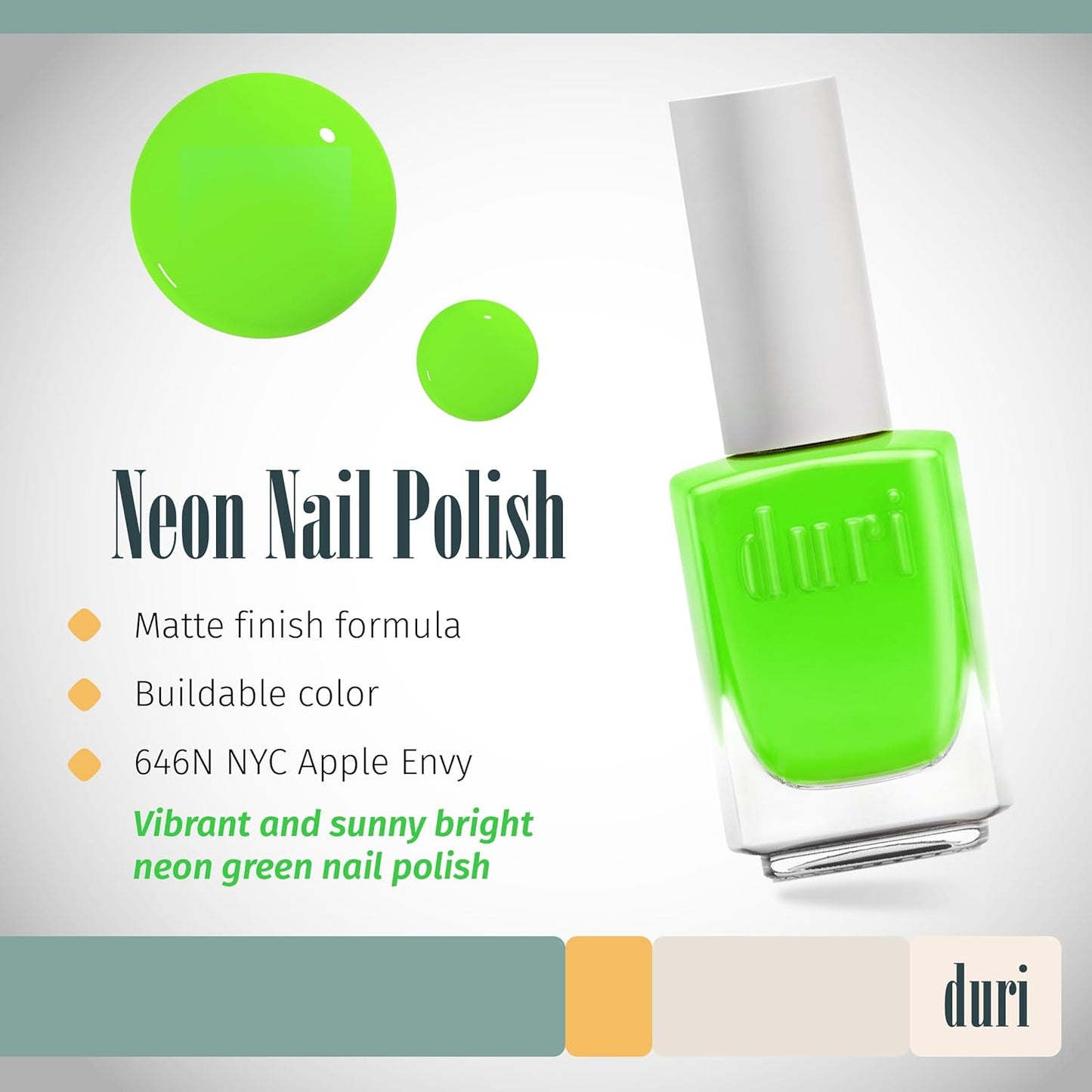 duri 646N NYC Apple Envy, Neon Green Nail Polish, Matte Finish, Quick Drying, 0.45 Fl Oz