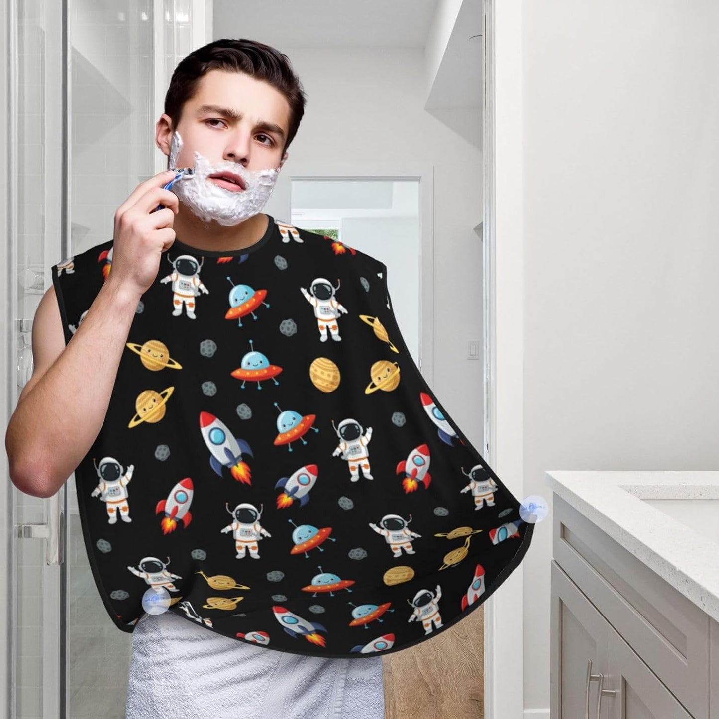 Waterproof Grooming Apron, Non-Stick Beard Bib with Suction Cups, for Space Planet Astronaut Rocket