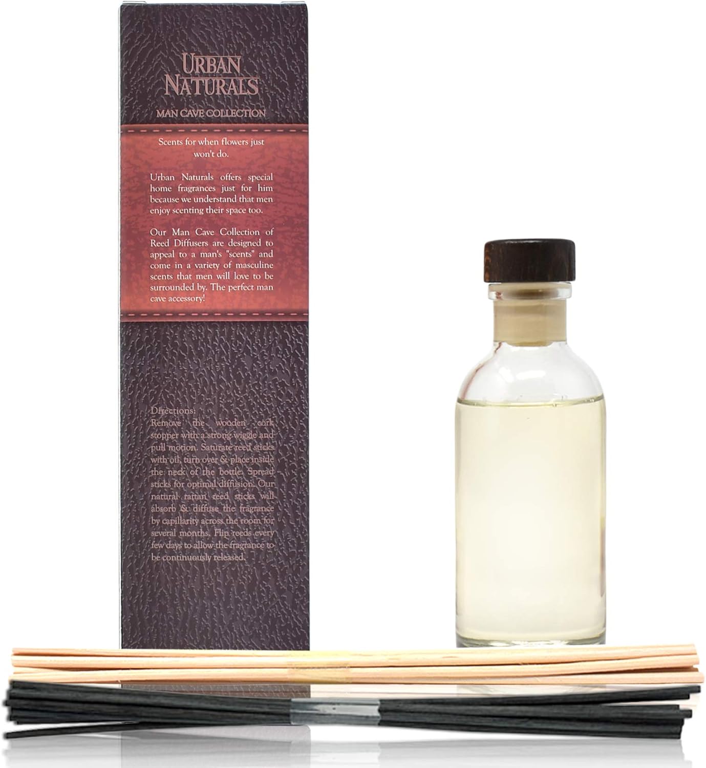 Urban Naturals Leather Mahogany Reed Diffuser Oil Set with Reed Sticks – Masculine Blend of Smoky Bergamot, Leather, Spice, Amber and Wood - Made in The USA