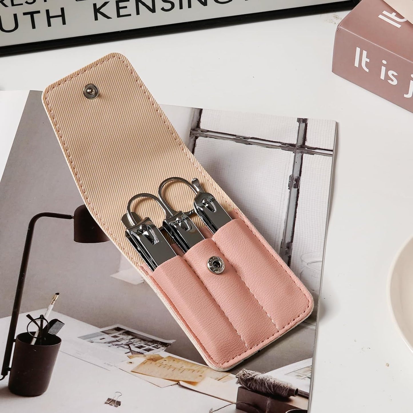 Premium Stainless Steel Nail Clippers Set - Travel Grooming Kit, 6pc Manicure/Pedicure Tools with PU Case - Unisex Gift for Men and Women(D-PinkA)