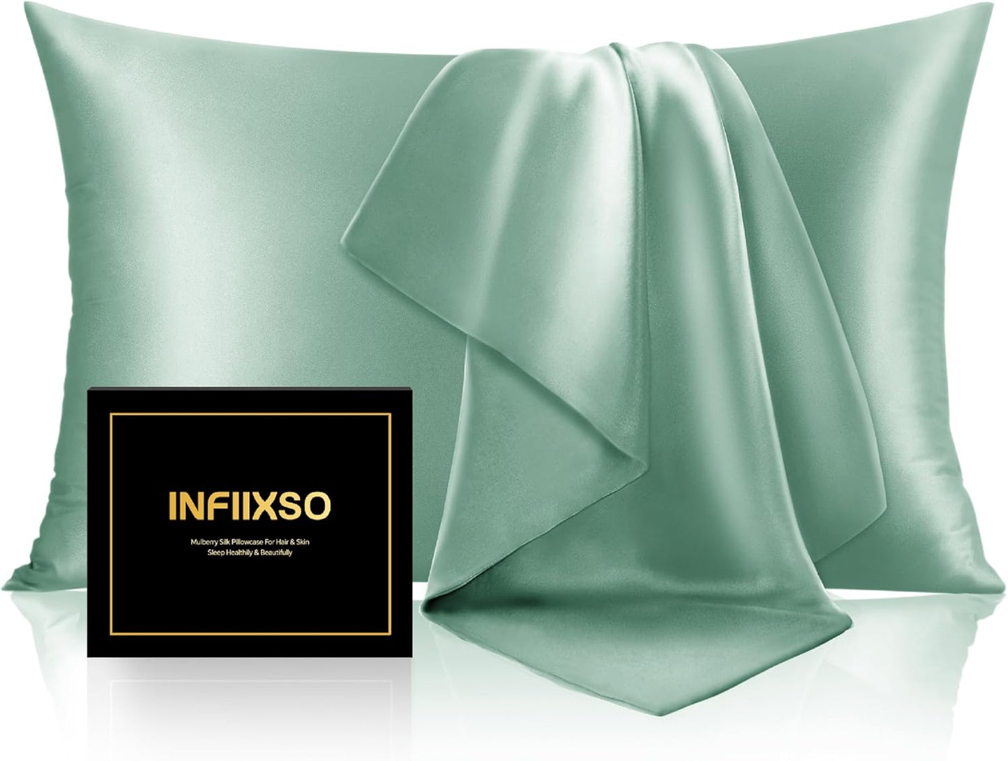 INFIIXSO Mulberry Silk Pillow Cases King Size Set of 2, Silk Pillowcase with Hidden Zipper 20"x36", Extraordinary Smooth and Soft Pillow Case for Hair and Skin(Mint Green, 2 Pack)