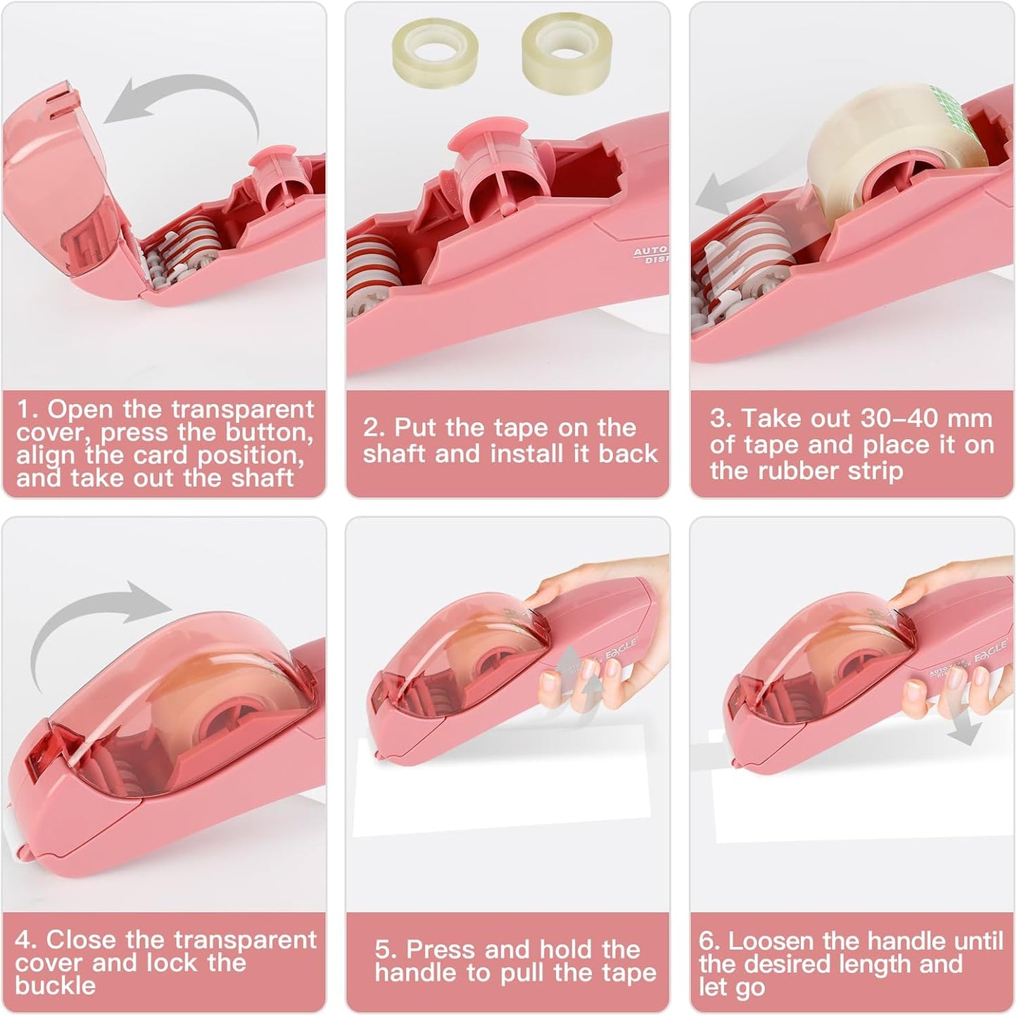 Eagle Automatic Tape Dispenser, Handheld & Portable Design, Office Tape Gun, One-Handed Operation with Safety Blade for Office, Home, DIY or Packaging (Includes 2 Free Tapes)（Flamingo Pink）