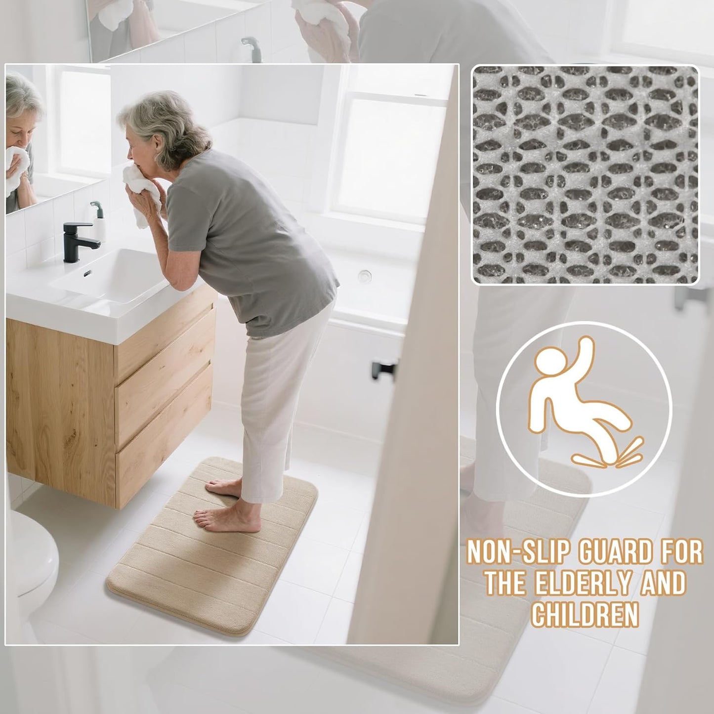 Yimobra Large Bath Mat 36"x24", Super Soft Quick Dry Memory Foam Bathroom Rug, Water Absorbent, Non Slip Backing Machine Washable for Tub Shower, Thick Comfort Support, Beige