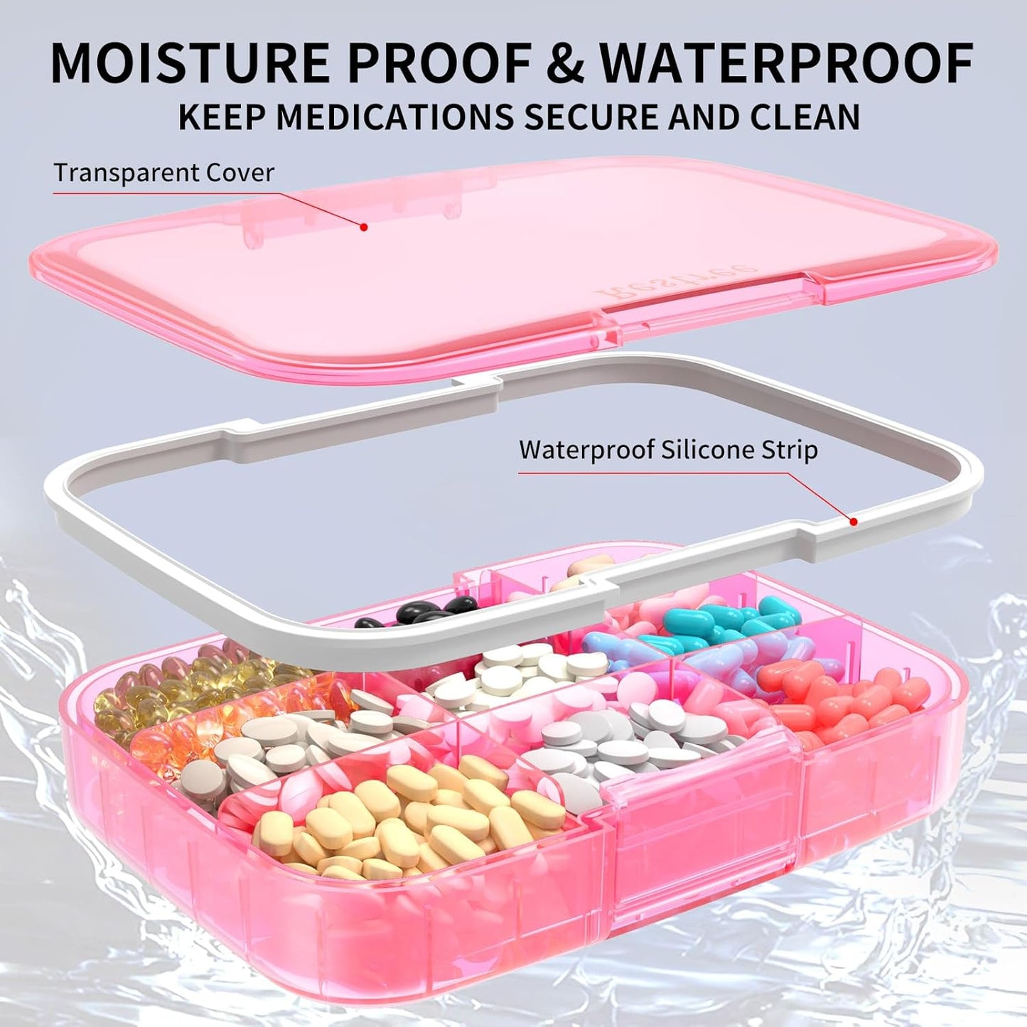 Restree Large Pill Organizer, Moisture Proof & Waterproof Travel Pill Case, Portable Medication Box with Adjustable Dividers for Vitamins Supplements Fish Oil and Daily Pills 9 Compartments (Pink)