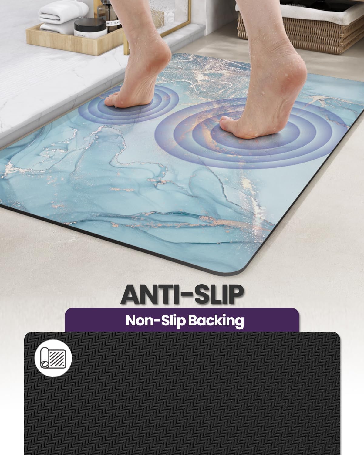 DEXI Bathroom Mat Ultra Thin, Non Slip Bath Rug for Shower Floor, Absorbent Quick Dry Marble Bathmats Low Profile, 17x43, Blue