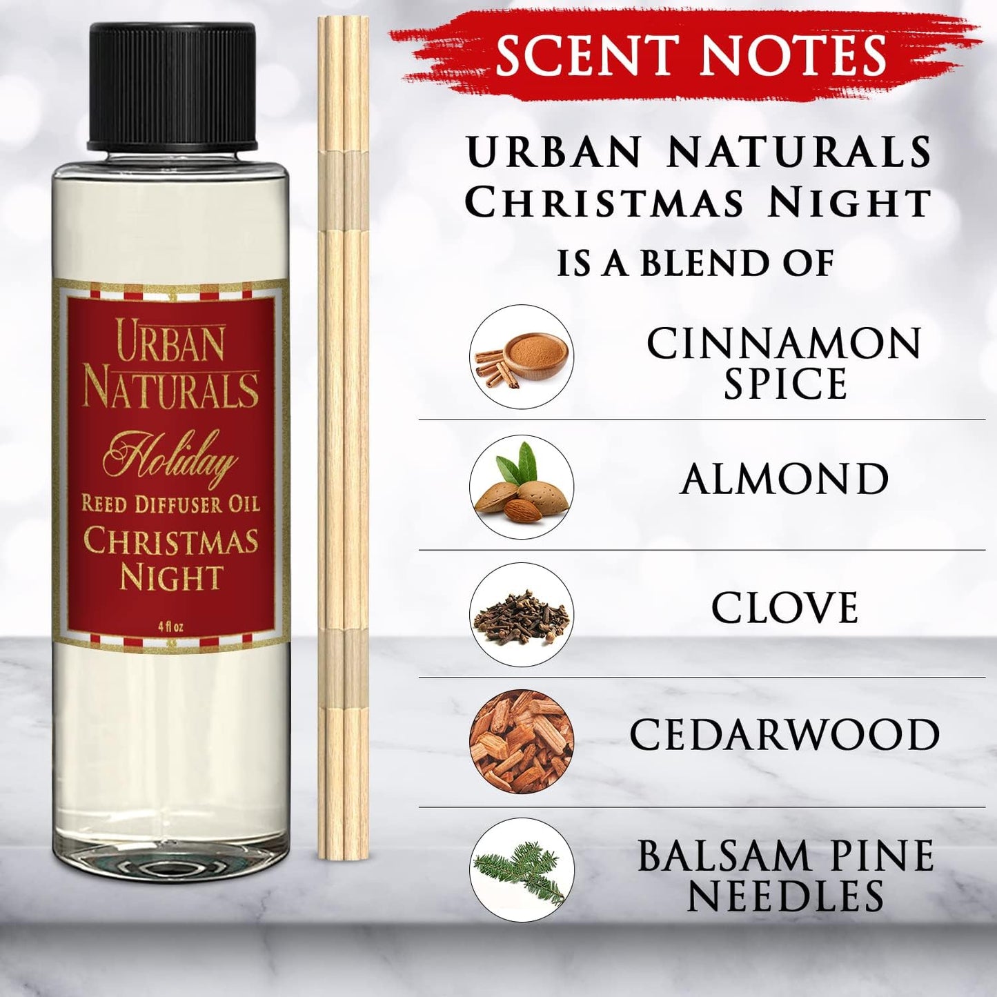 Urban Naturals Reed Diffuser Oil Refill Christmas Night, Cinnamon, Pine, Sweet Berries, Cozy Holiday Fragrance, 4 oz + Free Reed Sticks, Made in The USA