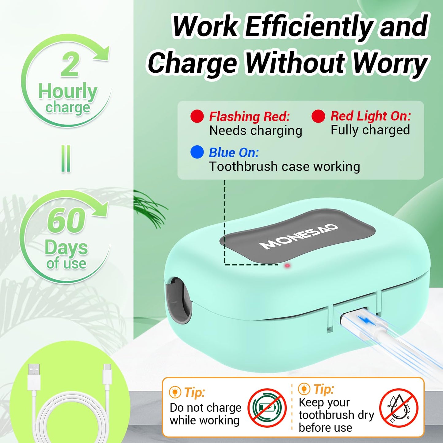 MONESAO Toothbrush Sanitizer Case, Toothbrush Covers with Holder, Rechargeable Travel Home Toothbrush And Holder, Cleaner Case for All Electric And Manual Toothbrushes (Blue)