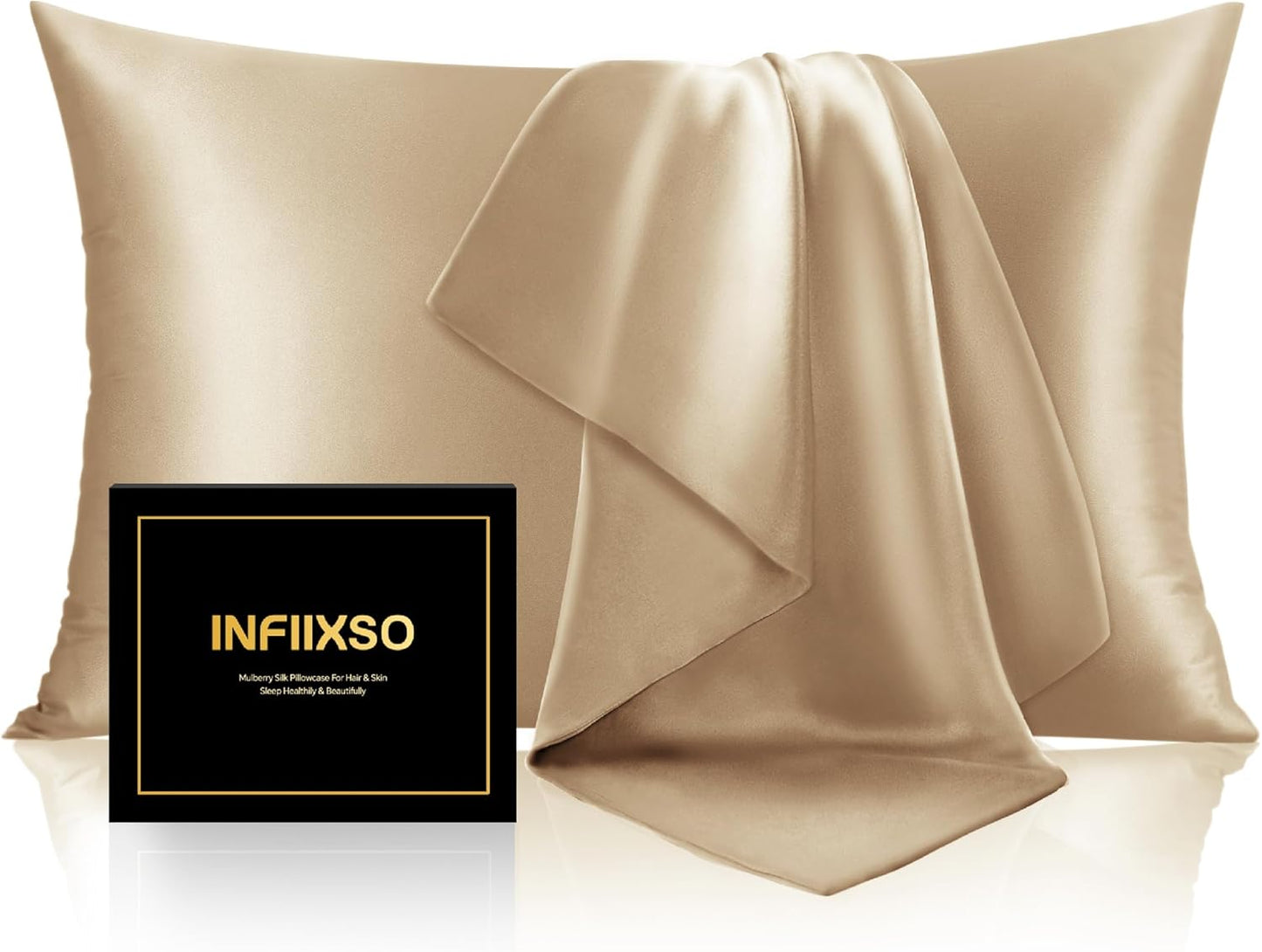 INFIIXSO Mulberry Silk Pillow Cases King Size Set of 2, Silk Pillowcase with Hidden Zipper 20"x36", Extraordinary Smooth and Soft Pillow Case for Hair and Skin(Champagne, 2 Pack)