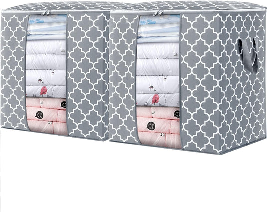 WISELIFE Storage Bags 2 Pack/100L Large Blanket Clothes Organization and Storage Containers for Comforters,Bedding, Foldable Organizer with Reinforced Handle, Clear Window, Sturdy Zippers,Light Gray