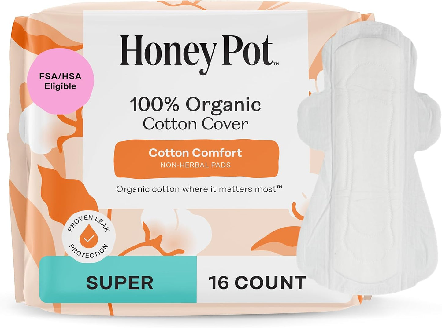 The Honey Pot Company - Sanitary Pads for Women - Non-Herbal Super w/Wings - Organic - Cotton Cover & Ultra-Absorbent Pulp Core - Feminine Care - 16 ct