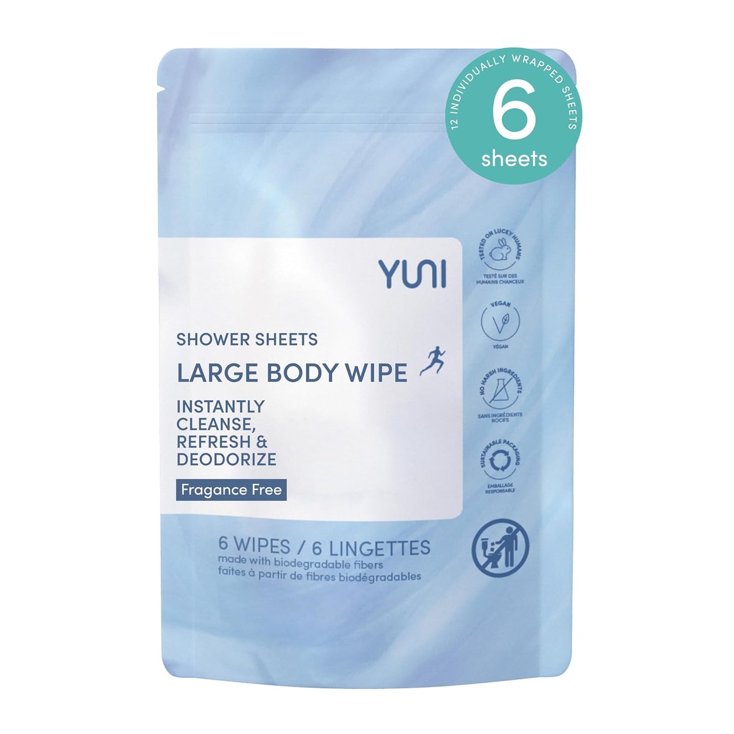 YUNI Beauty Large Body Wipes (Unscented, 6 Count) Super Soft Moist Showerless Wipes that Cleanse & Deodorize - On-the-Go Waterless Body Cleanser - Biodegradable Individually Wrapped Wipes for Travel