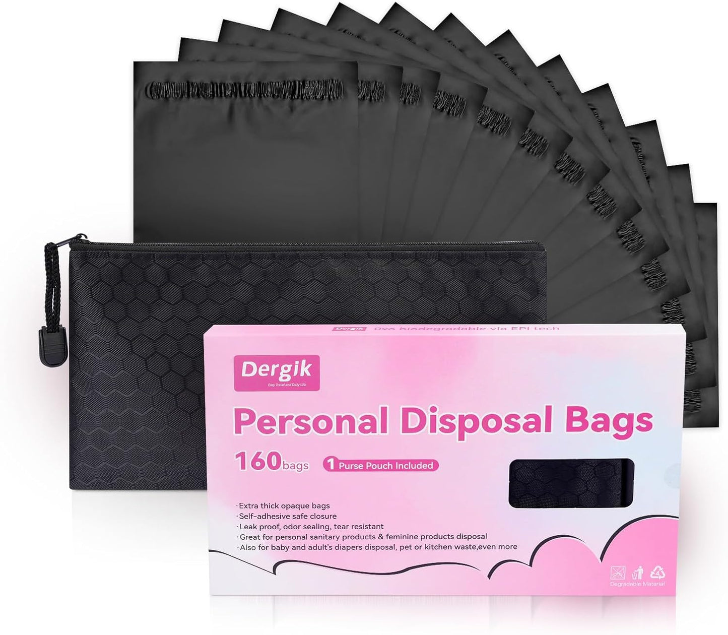 Personal Care Sanitary Disposal Bags(160 Counts), Sanitary Napkin Disposal Feminine Hygiene Bags, Opaque, Odor Control, Discreet Disposal for Tampons, Pads, Liners,Diapers, with Pouch, Black