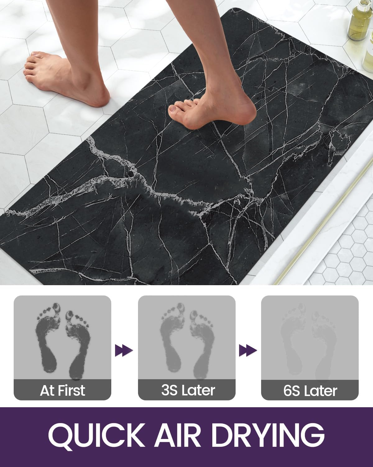 DEXI Bath Mat 17x32, Non Slip Quick Dry Rugs, Super Absorbent Ultra Thin Marble Bathmat, Washable Rubber Mats for Shower Floor, in Front of Bathtub, Sink, Bathroom Accessories Decor, Black