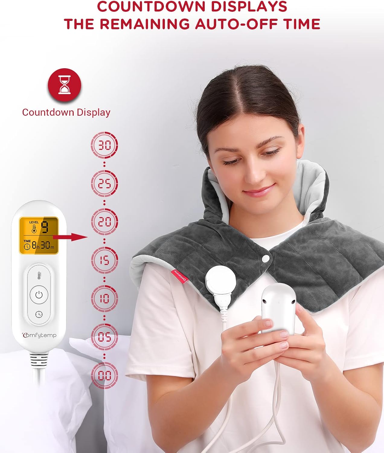 Heating Pad for Neck and Shoulders and Back, Comfytemp Weighted Electric Heat Pad for Pain Relief, 2.6lb Large Heated Wrap, 9 Heat Settings, 11 Auto-Off, Women Men Birthday Gifts Gray