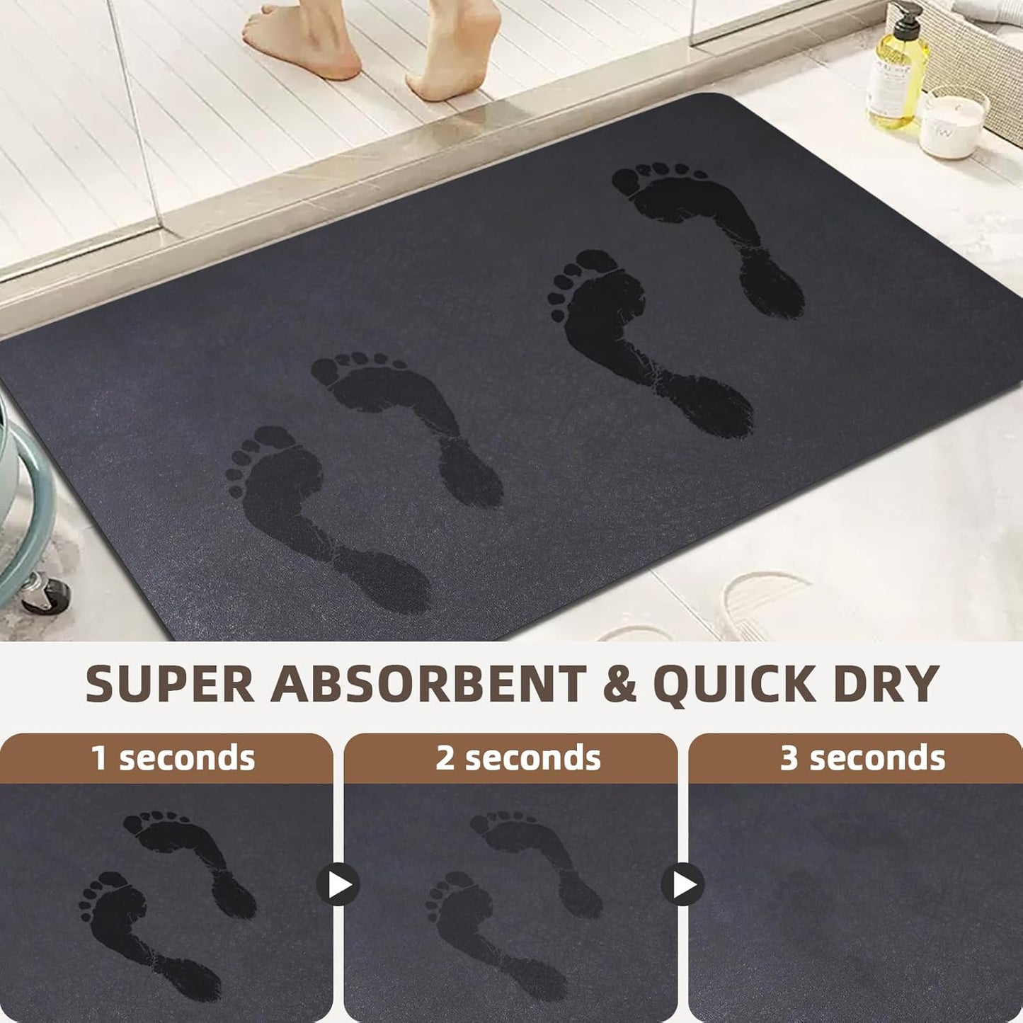 Diatomaceous earth bath mat Bathroom Rugs Sets 3 Piece Super Absorbent Quick Dry Bath Mats, Rubber Non Slip Shower Mat and Toilet Mat U Shape, Shower Rug for in Front of Bathtub Shower, Dark Grey
