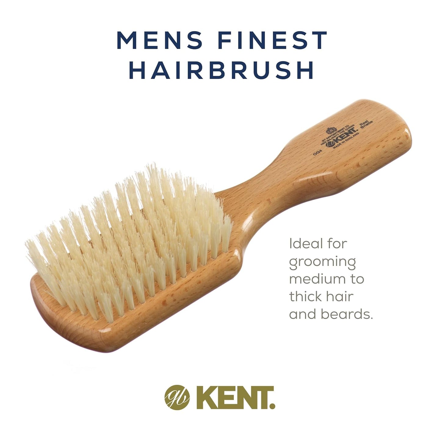 Kent OG4 Rectangular Beachwood Gentlemen's Hair Brush and Facial for Beard Care - Exfoliating Natural Boar Bristle Brush for Mens Grooming, Hair Care, and Beard Straightener for Men's