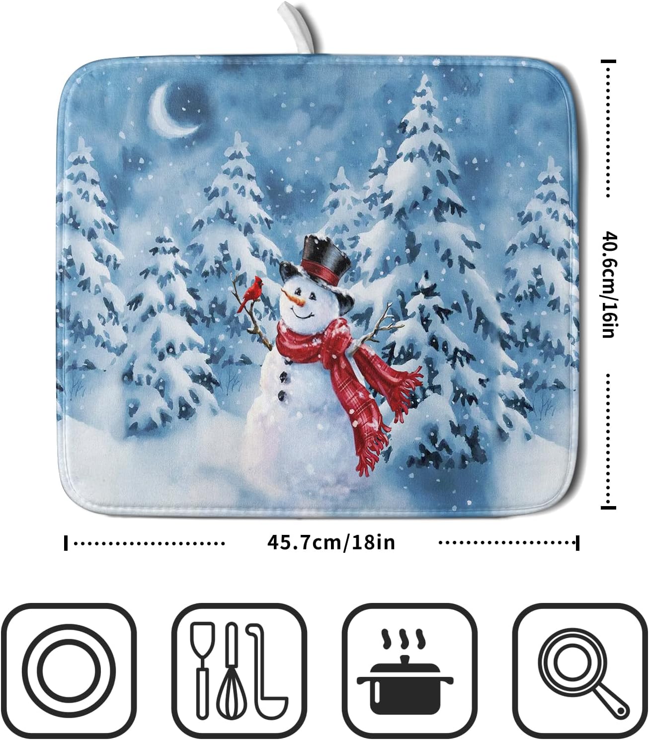 Blue Snowman Dish Drying Mat Winter Pine Tree Drainer Rack Mats 16x18 Inch Absorbent Fast Dry Dish Pad Protector Kitchen Counter Accessories
