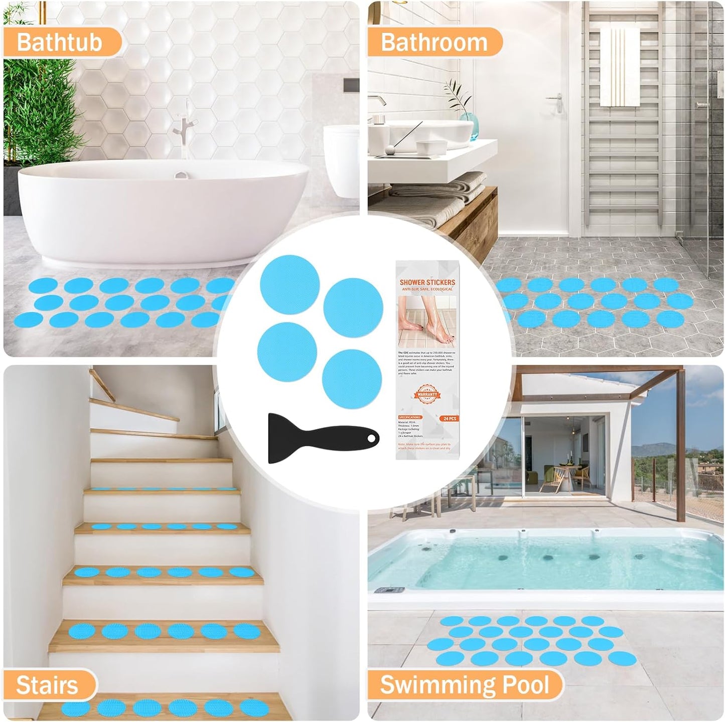 Non Slip Bathtub Stickers, 24 PCS Shower Stickers for Safety Bathroom Tubs, Bathtub Non Slip Stickers and Adhesive Decals Scraper for Bath Tub, Shower Floor, Stairs, Ladders(Round Shape, Blue)