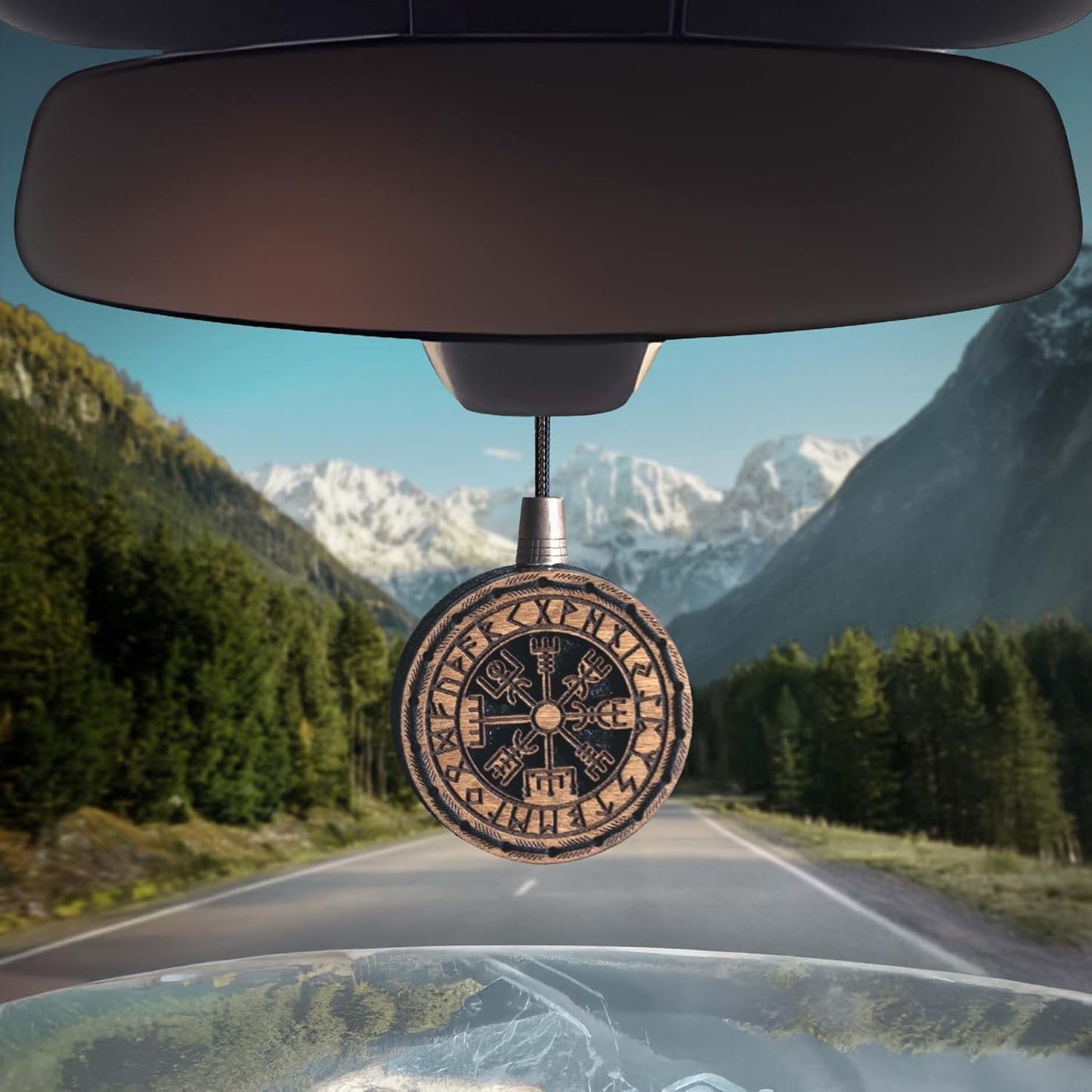 Wood Car Air Freshener — Handmade Car Air Freshener — Vegvisir Designed Fragrance Oil Diffuser in Wooden Gift Box — Aromatherapy Gift Set with Mountain Rain Fragrance Oil - 10 ml