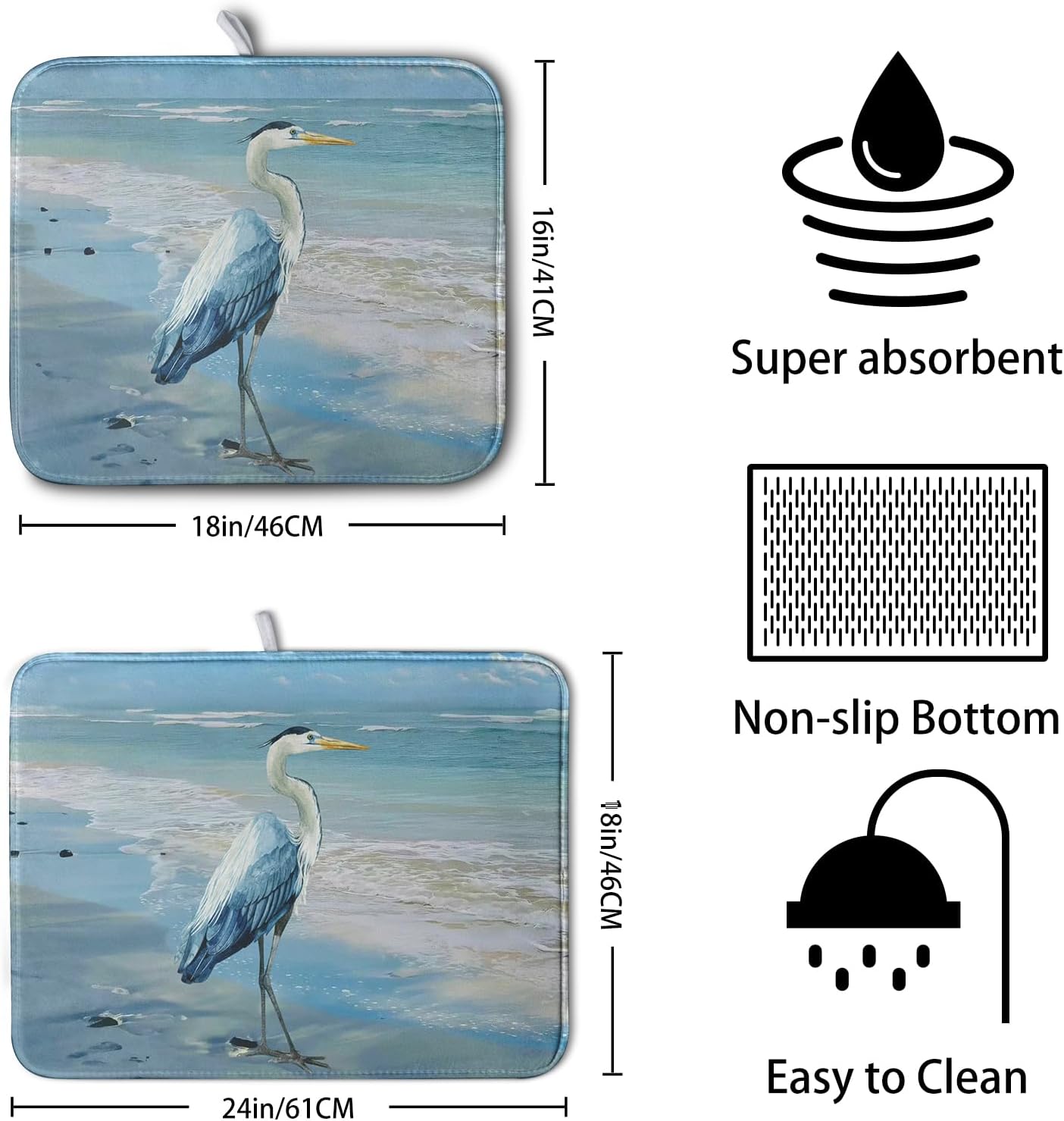 Summer Blue Dish Drying Mat for Kitchen Counter 16x18 Inch Heron Coastal Beach Drying Mats Nautical Ocean Bird Dishes Drainer Mats Microfiber Absorbent Dish Rack Pad