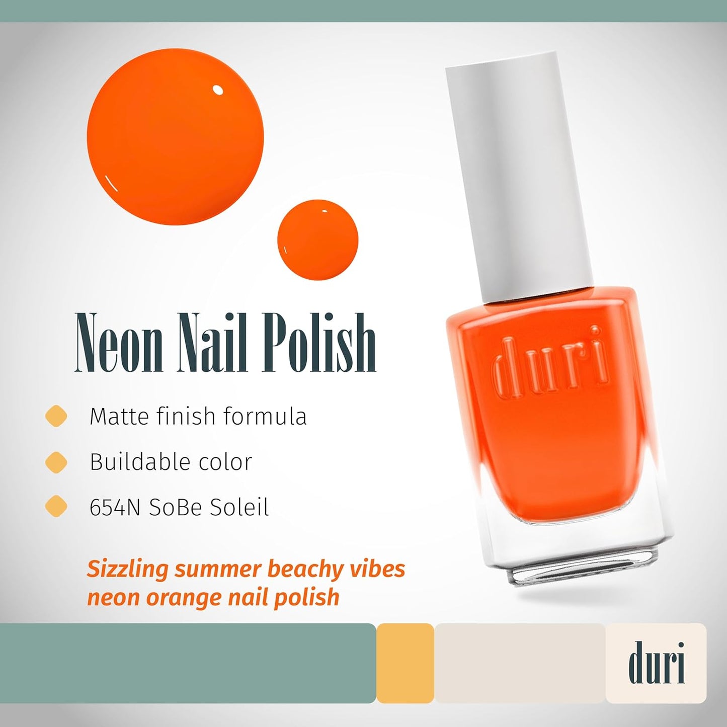 duri 654N SoBe Soleil - Neon Orange Nail Polish, Matte Finish, Quick Drying, 0.45 Fl Oz
