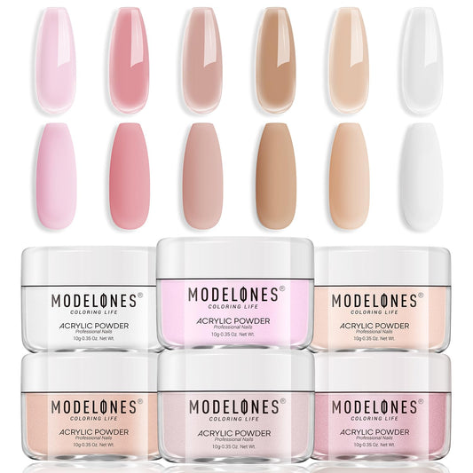 Modelones Acrylic Powder, 6 Colors Transparent Jelly Nude Nail Powder Milky White Pink Nude for Nail Art 3D Nail Carving French Nail Extension, Gifts for Women