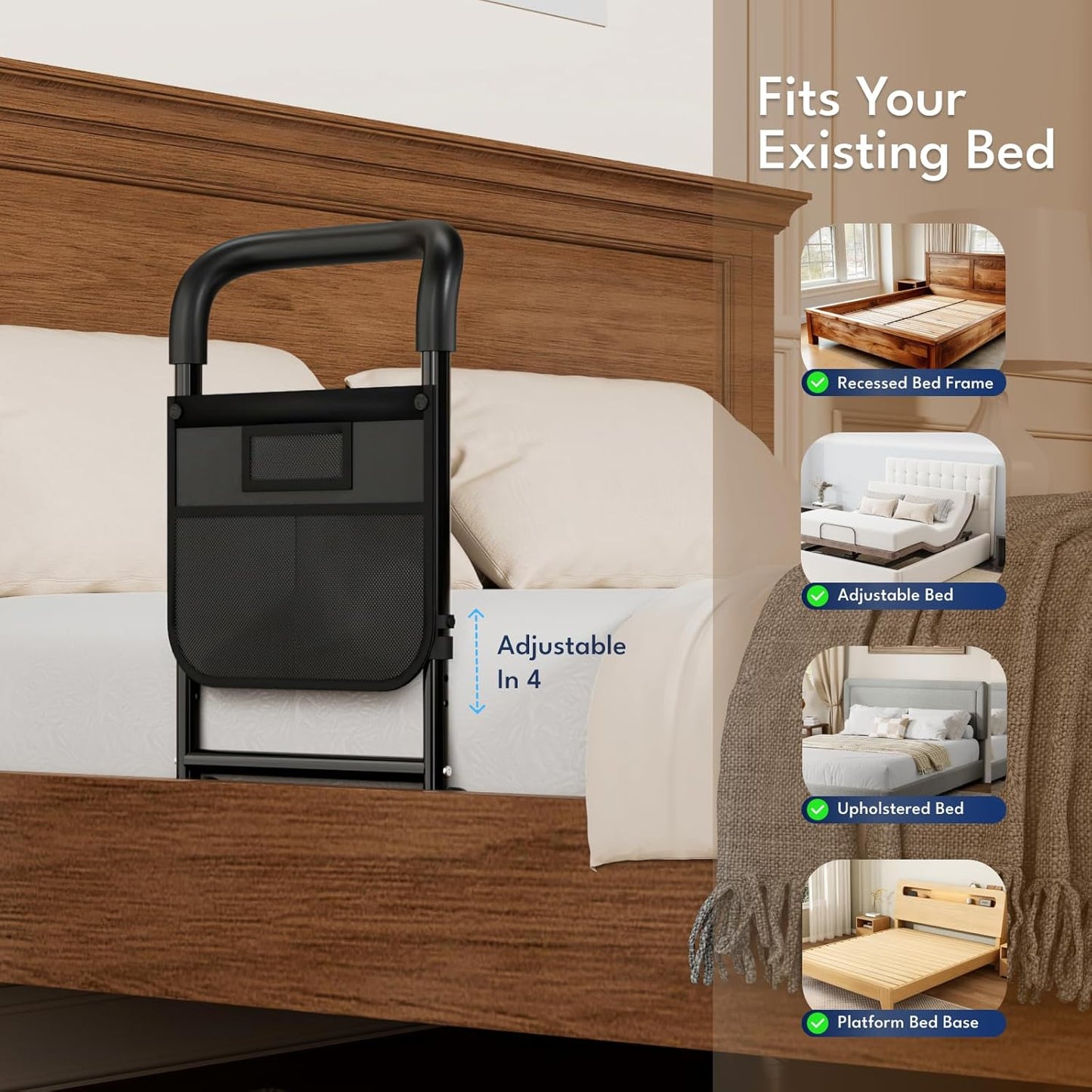 Bed Rails for Elderly Adults Safety, 350lbs Heavy Duty Bedside Assist Rail with Motion Light, Bed Safety Cane with Storage Pocket & Fixing Strap, Fit King/Queen/Full/Twin & Adjustable Bed (Black)