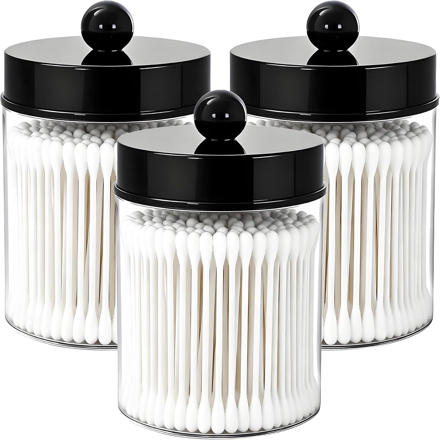 AXX Qtip Dispenser Apothecary Jars Bathroom - Qtip Holder Storage Canister Clear Plastic Jar for Cotton Swab,Q-Tips,Cotton Rounds (F#Black 3Pcs)