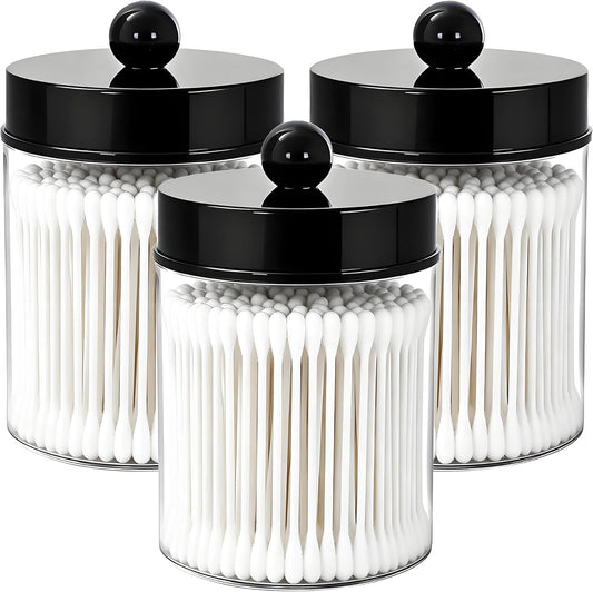 AXX Qtip Dispenser Apothecary Jars Bathroom - Qtip Holder Storage Canister Clear Plastic Jar for Cotton Swab,Q-Tips,Cotton Rounds (F#Black 3Pcs)