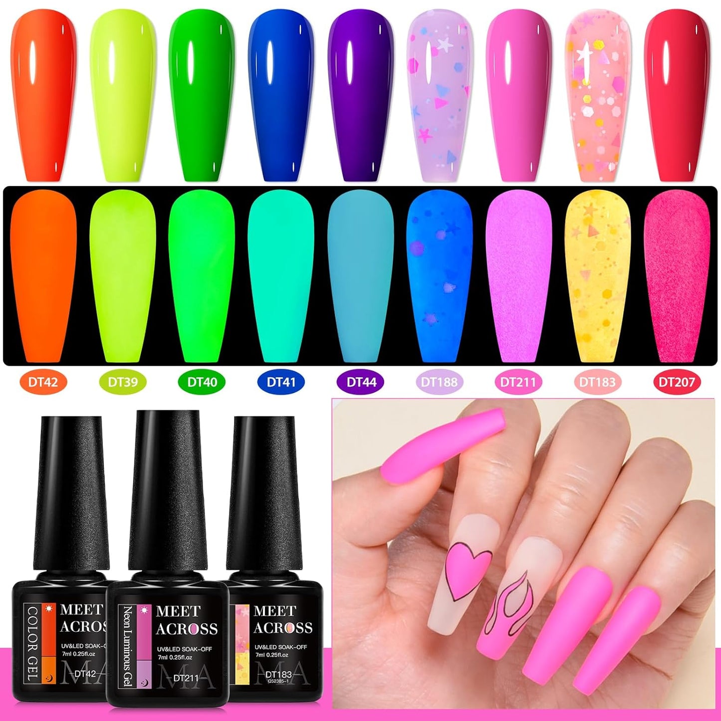 MEET ACROSS 9 Colors Gel Nail Polish + 3PCS Function Gel Nail Polish Kit,Fashion Nail Art Set Design Gifts for Women Manicure Salon (SET14, 12pcs)