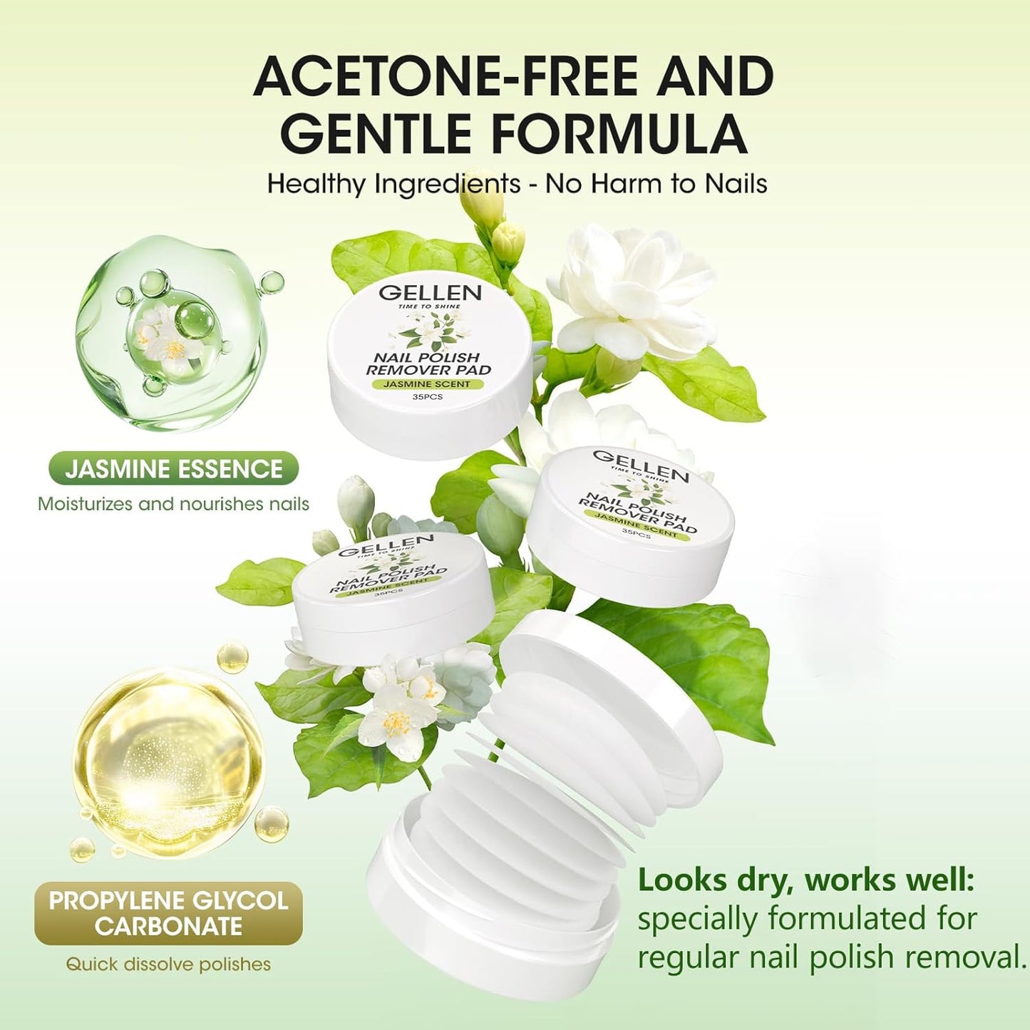 Gellen Nail Polish Remover Pads Non-Acetone Traditional Nail Polish Remover Wipes, 140pcs Travel Wets Bulk Set For Clearing Regular Manicure Salon Home, Jasmine Scent