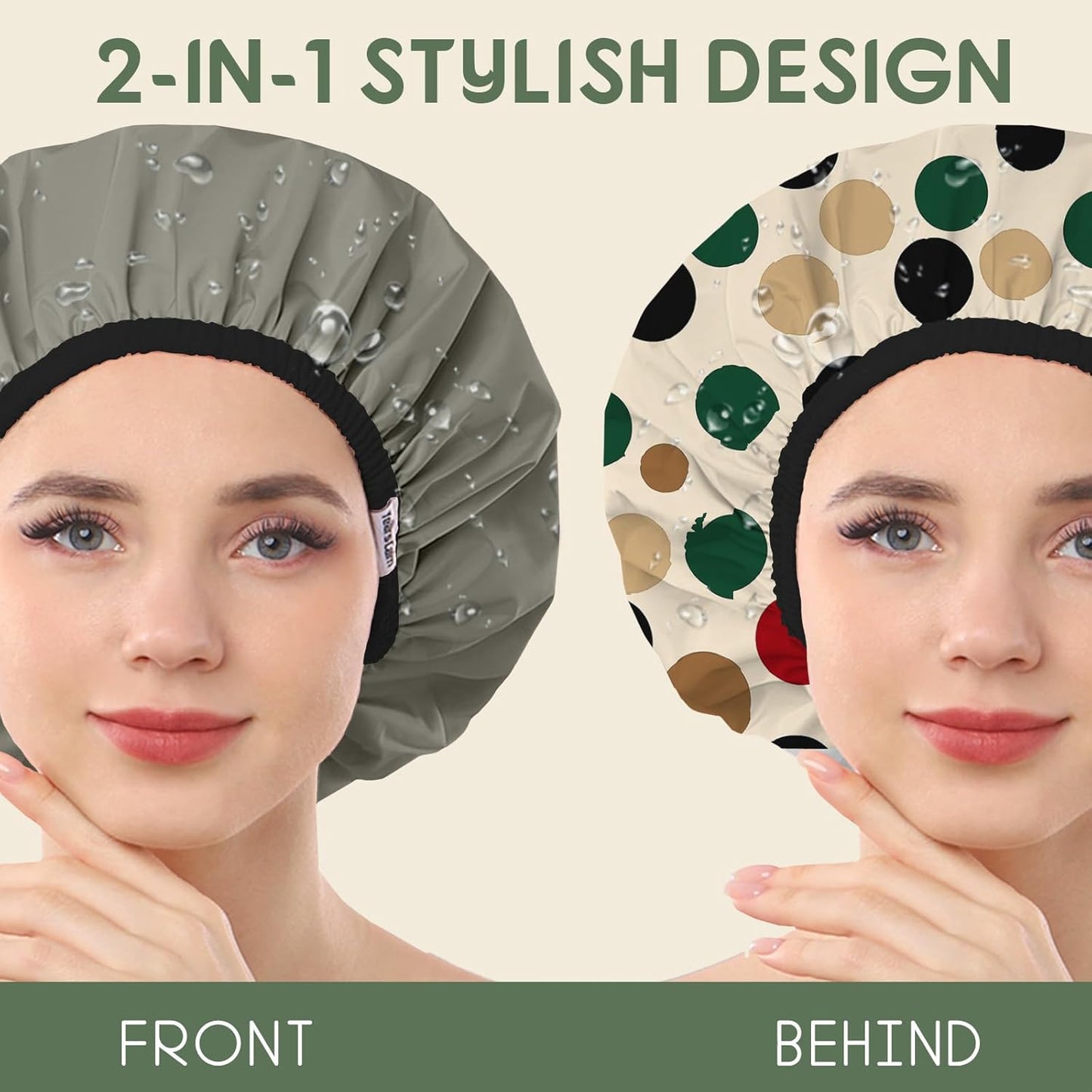 Years calm Luxury Shower Caps for Women Reusable Waterproof – Polka Dot Double Layer Bath Cap with Adjustable Elastic for Braids & Long Hair, Comfortable & Stylish, Versatile Use (Beige)